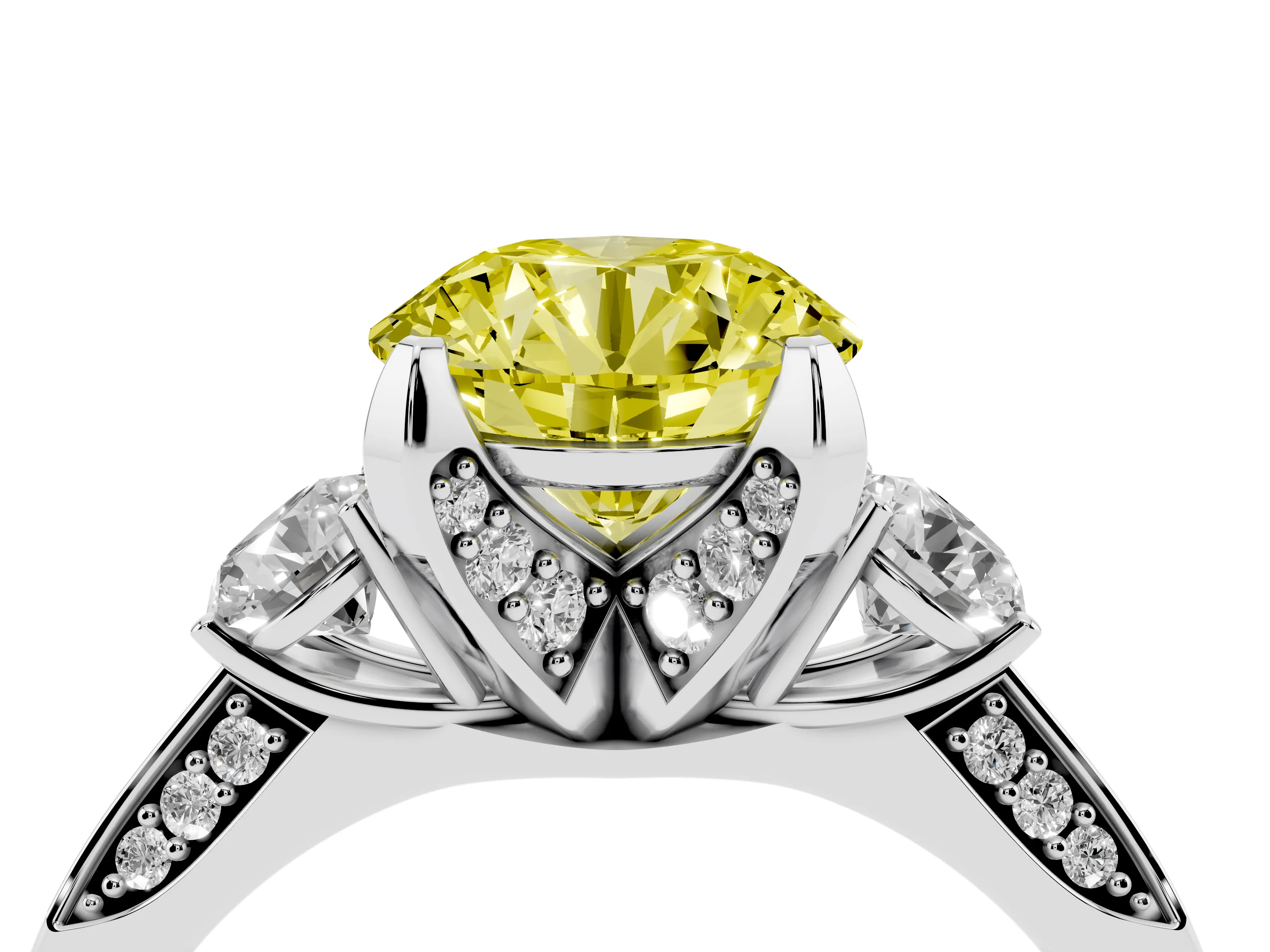 Fancy Yellow Round Cut Diamond Three-Stone Ring Set in Silver with Pavé Band and Smaller Side Stones