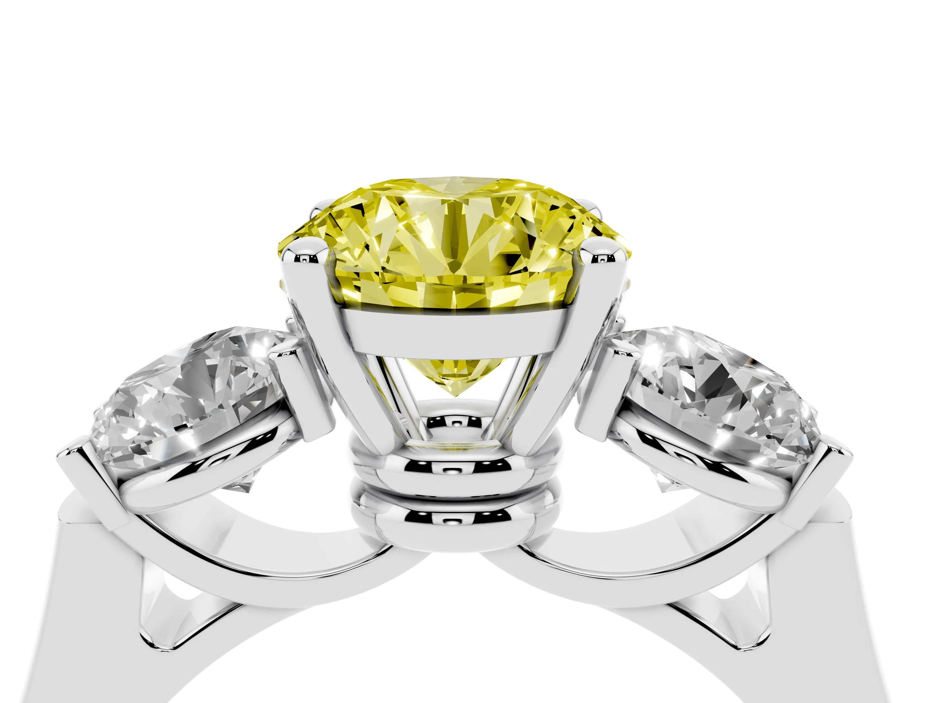 Fancy Yellow Round Cut Diamond Three-Stone Trellis Ring Set in Platinum with Comfort Fit Band