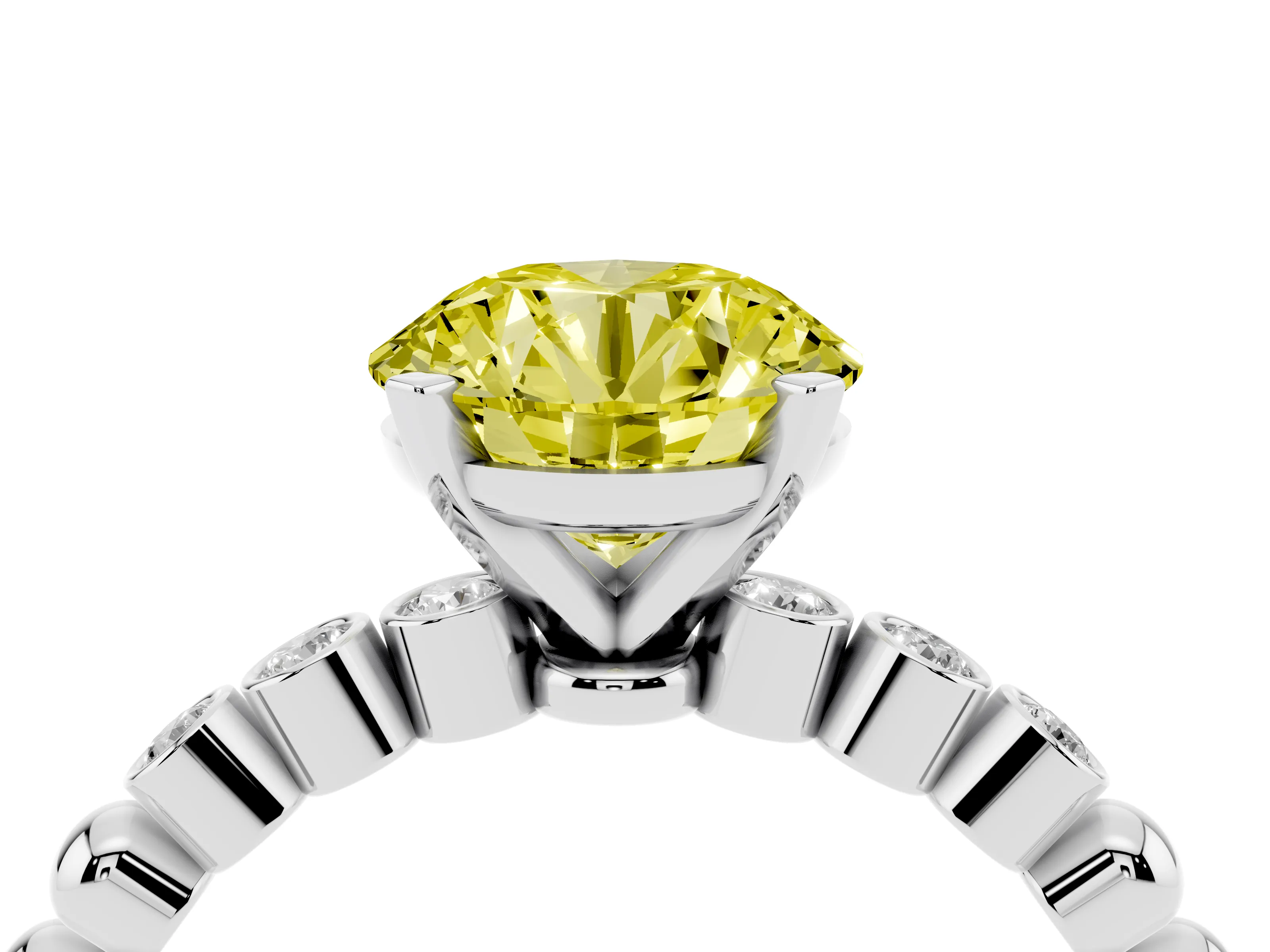 Fancy Yellow Round Cut Diamond Solitaire Engagement Ring Set in White gold with Bezel Accents on Beaded Band