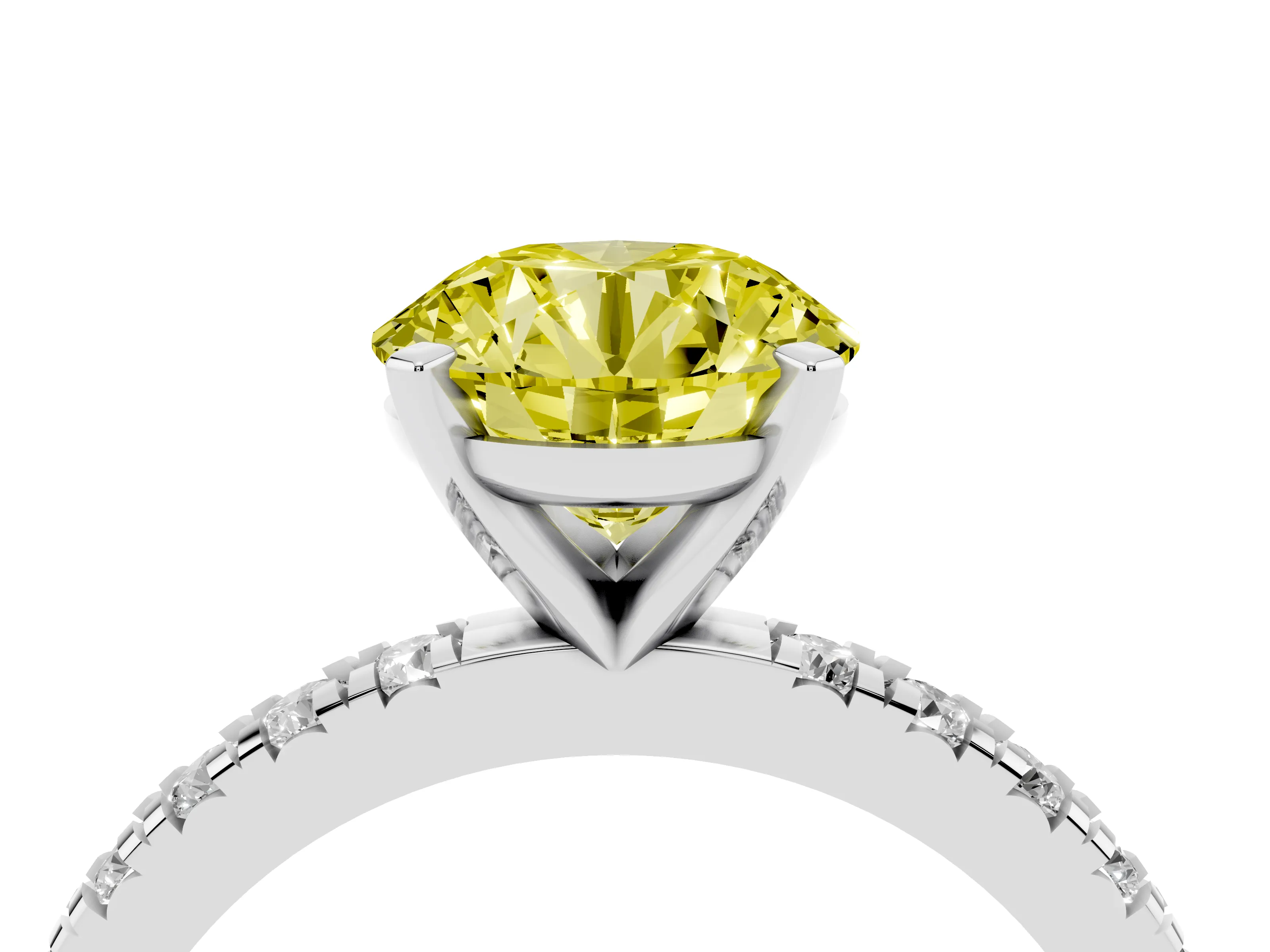Fancy Yellow Round Cut Diamond Pavé Band Solitaire Set in White gold with Prong Setting