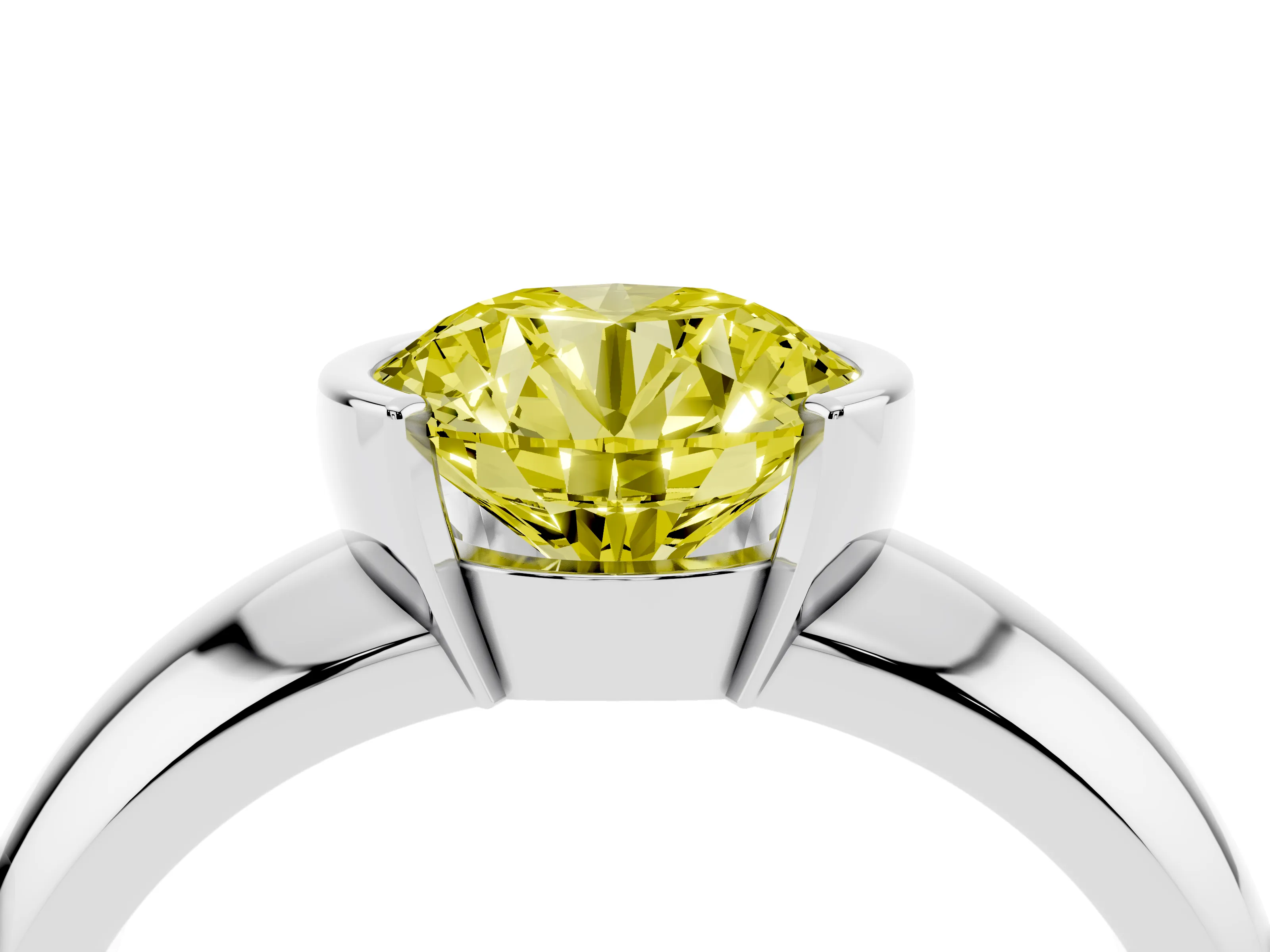 Fancy Yellow Round Cut Diamond Solitaire Tension Set Ring Set in Platinum with Wide Band