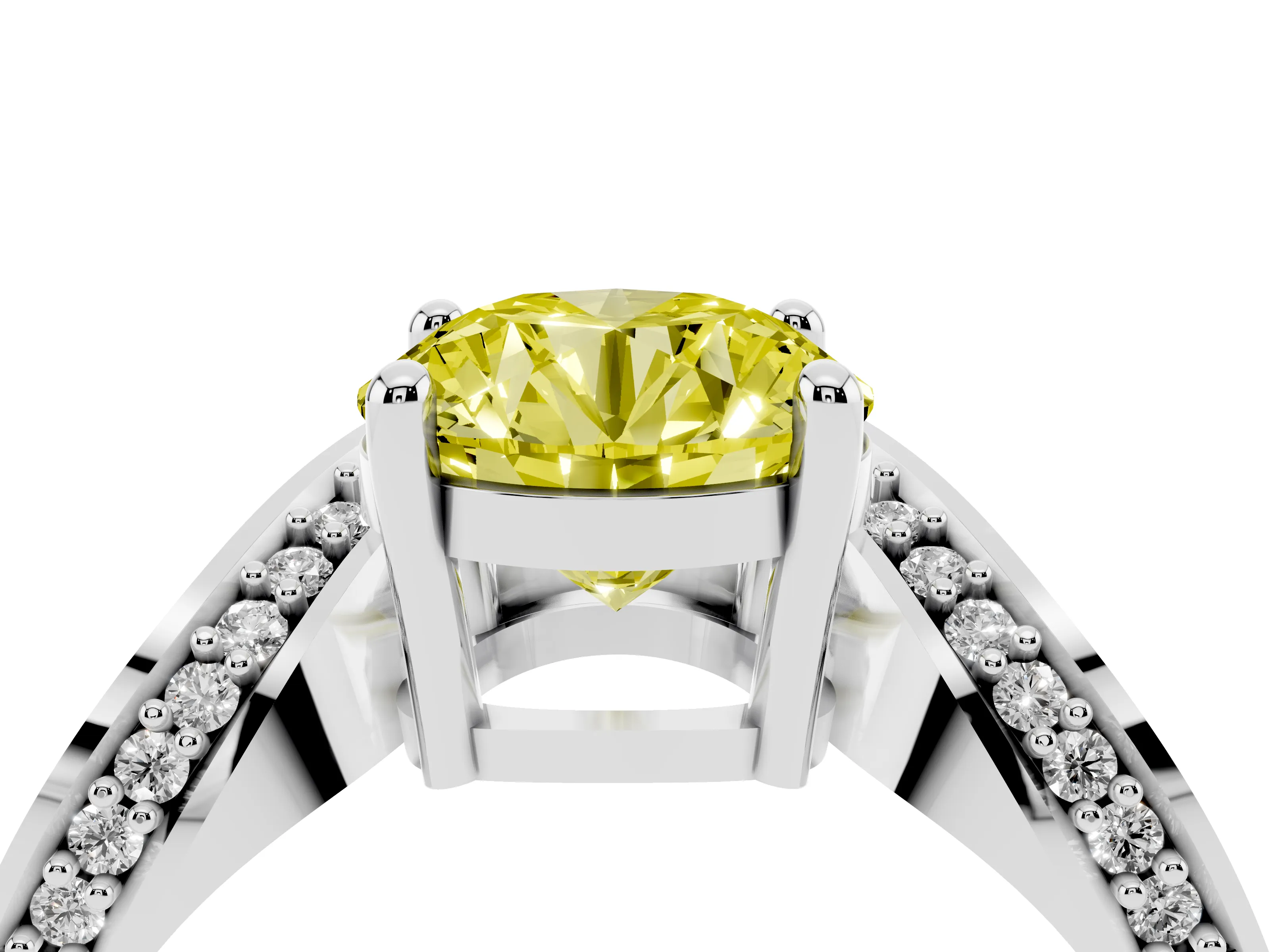 Fancy Yellow Round Cut Diamond Solitaire Engagement Ring Set in White gold with Pavé Shoulders