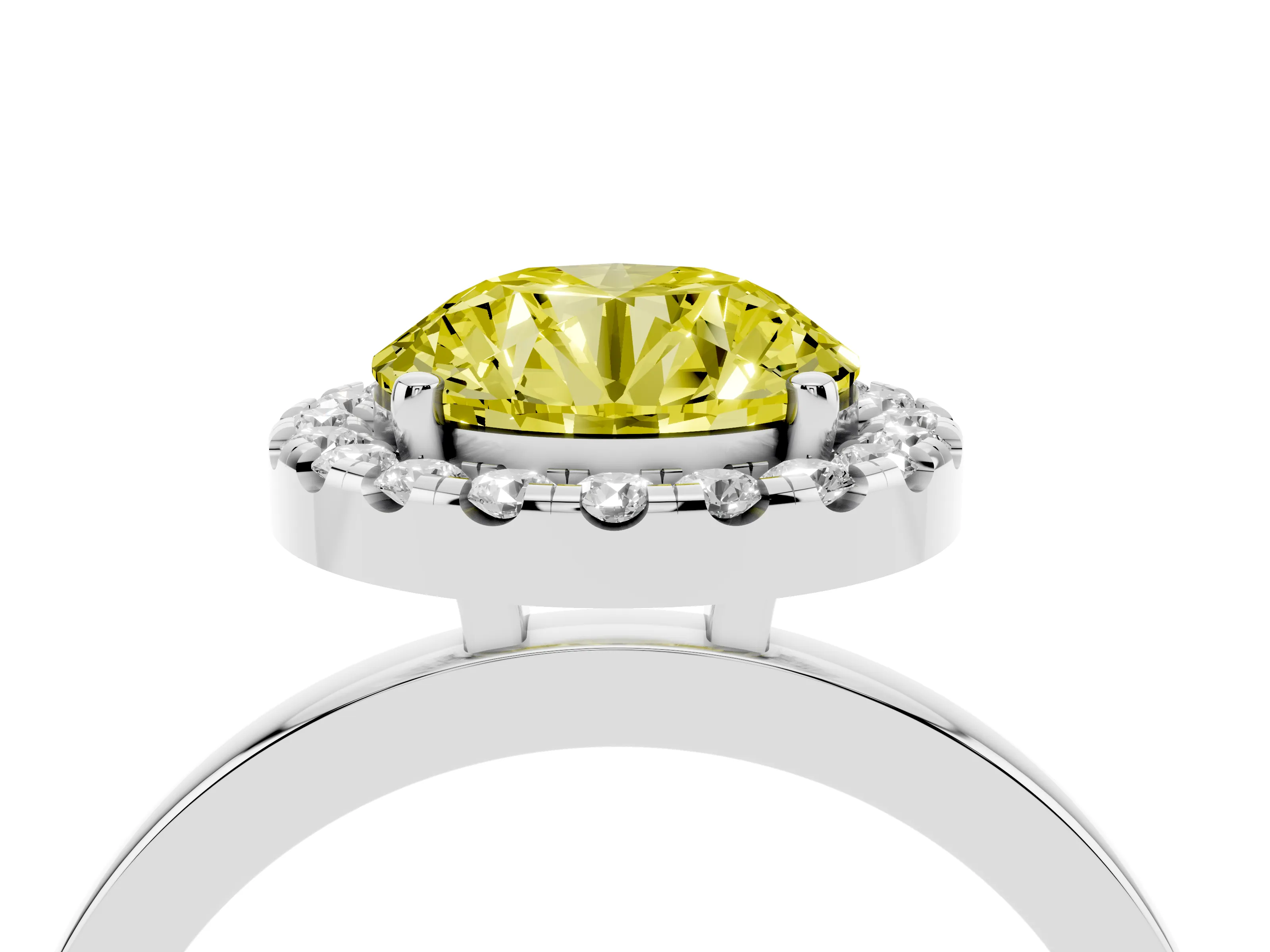 Fancy Yellow Round Cut Diamond Halo Solitaire Ring Set in White gold with Pavé Band and Prong Setting