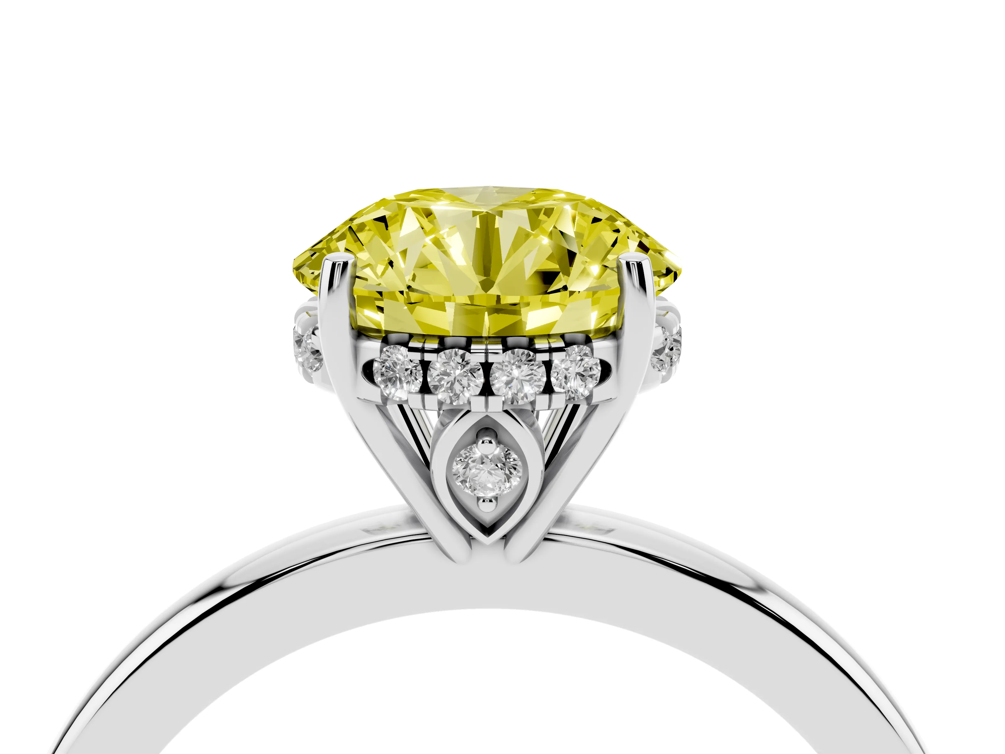 Fancy Yellow Round Cut Diamond Solitaire Ring Set in Platinum with Plain Band and Prong Setting