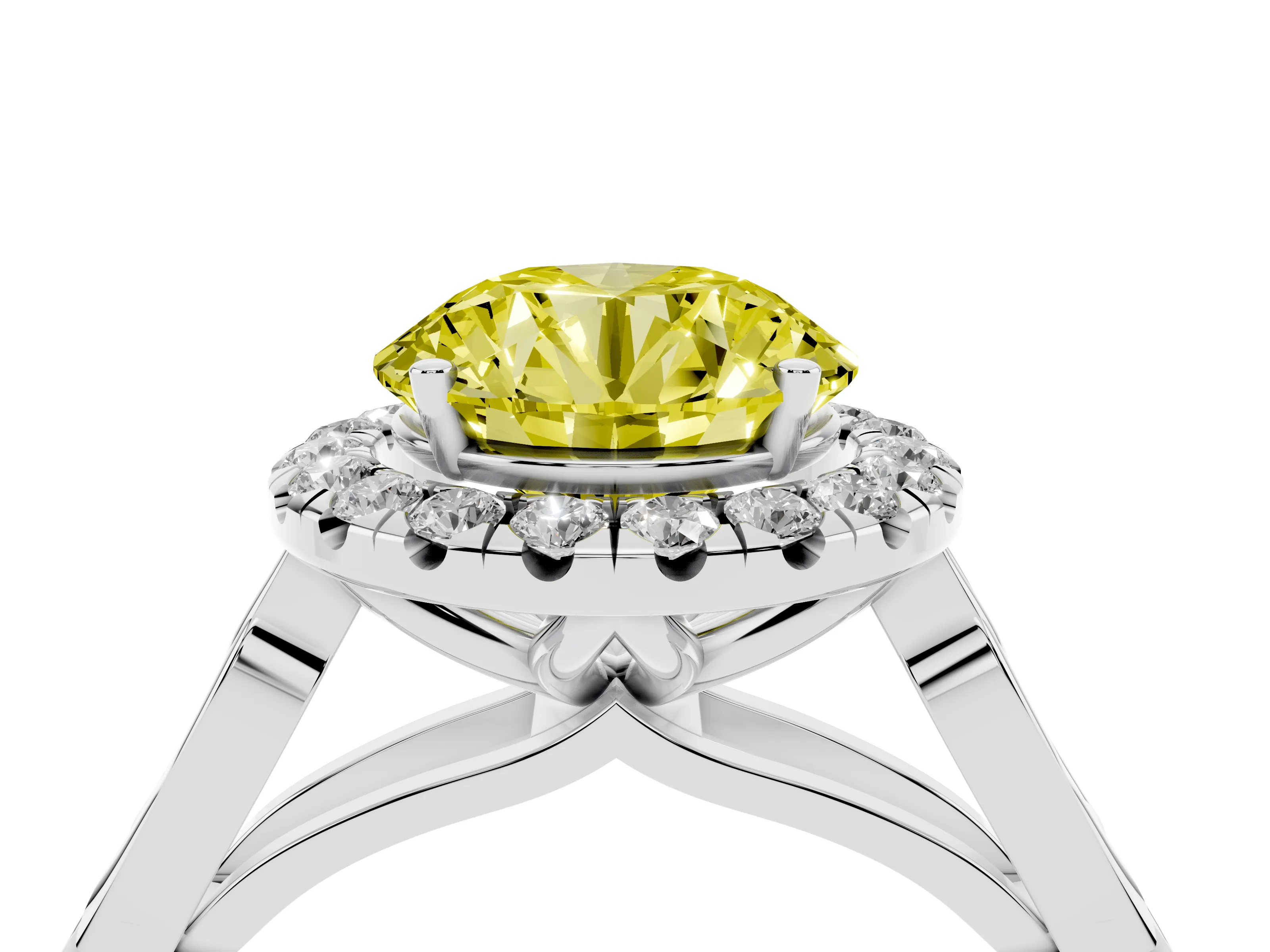 Fancy Yellow Round Cut Diamond Halo Engagement Ring Set in White gold with Filigree Band and Prong-Set Center