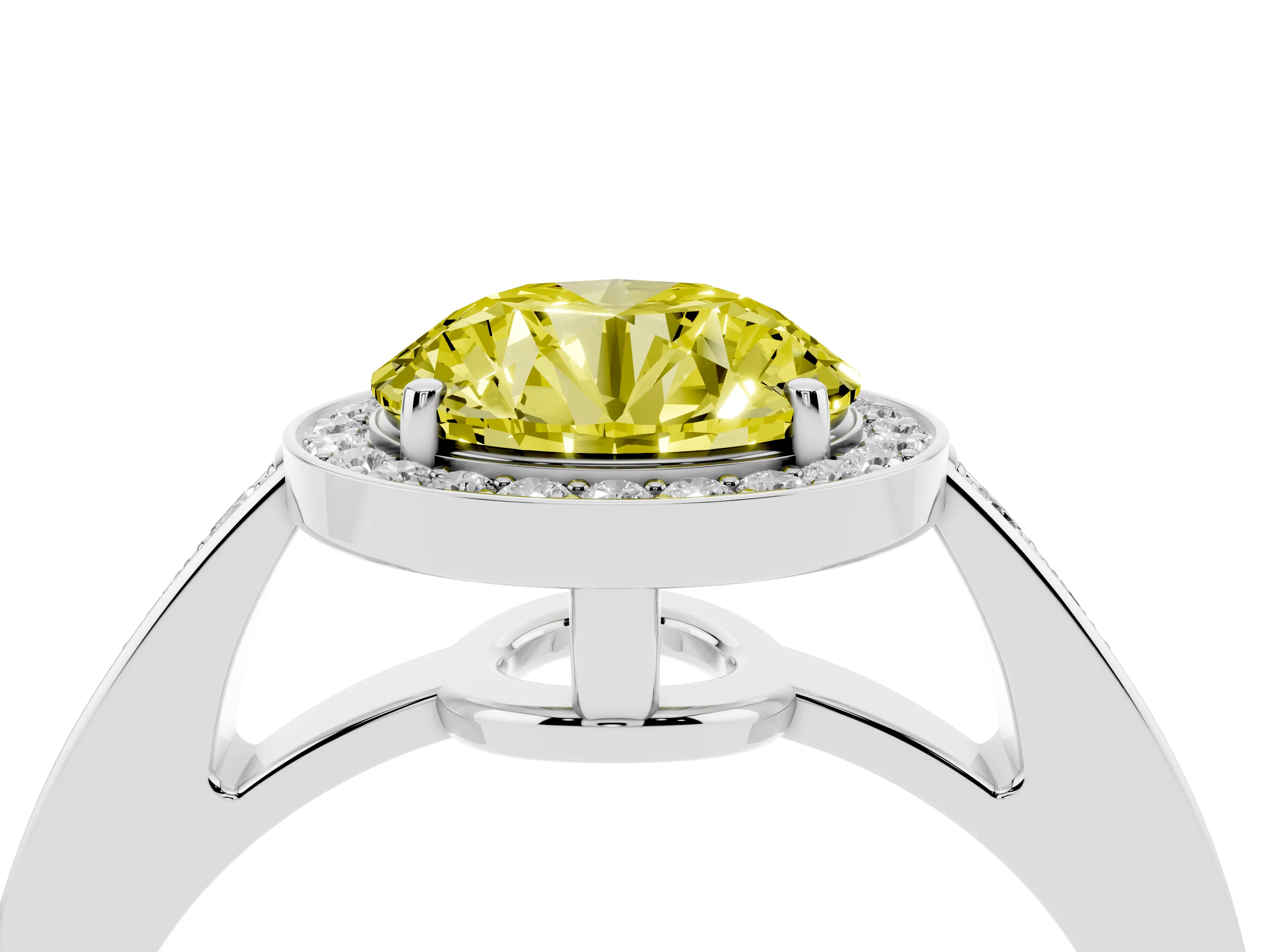Fancy Yellow Round Cut Diamond Halo Pavé Engagement Ring Set in Platinum with Bezel Setting