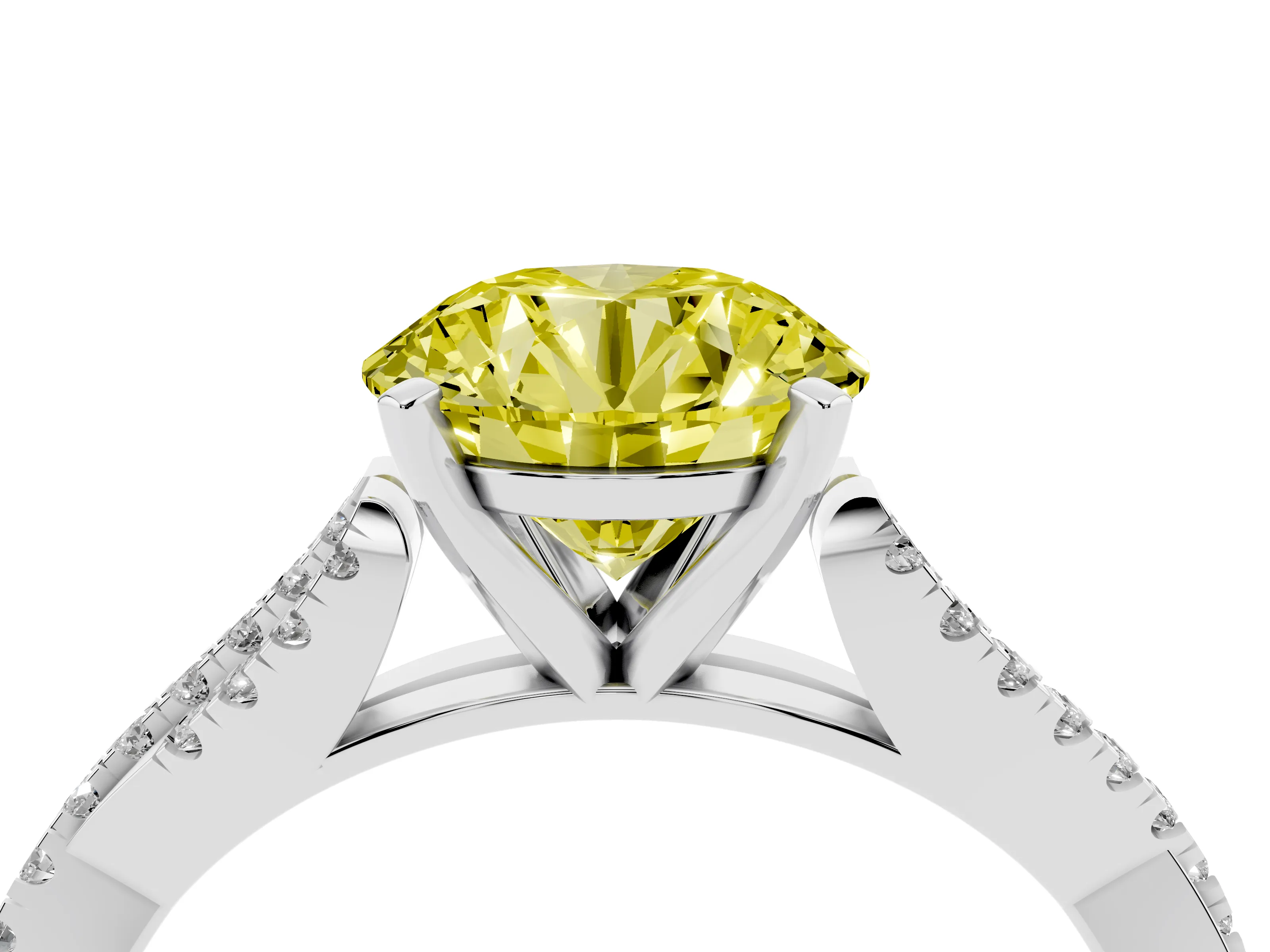 Fancy Yellow Round Cut Diamond Solitaire Engagement Ring Set in White gold with Twisted Pavé Band and Prong Setting
