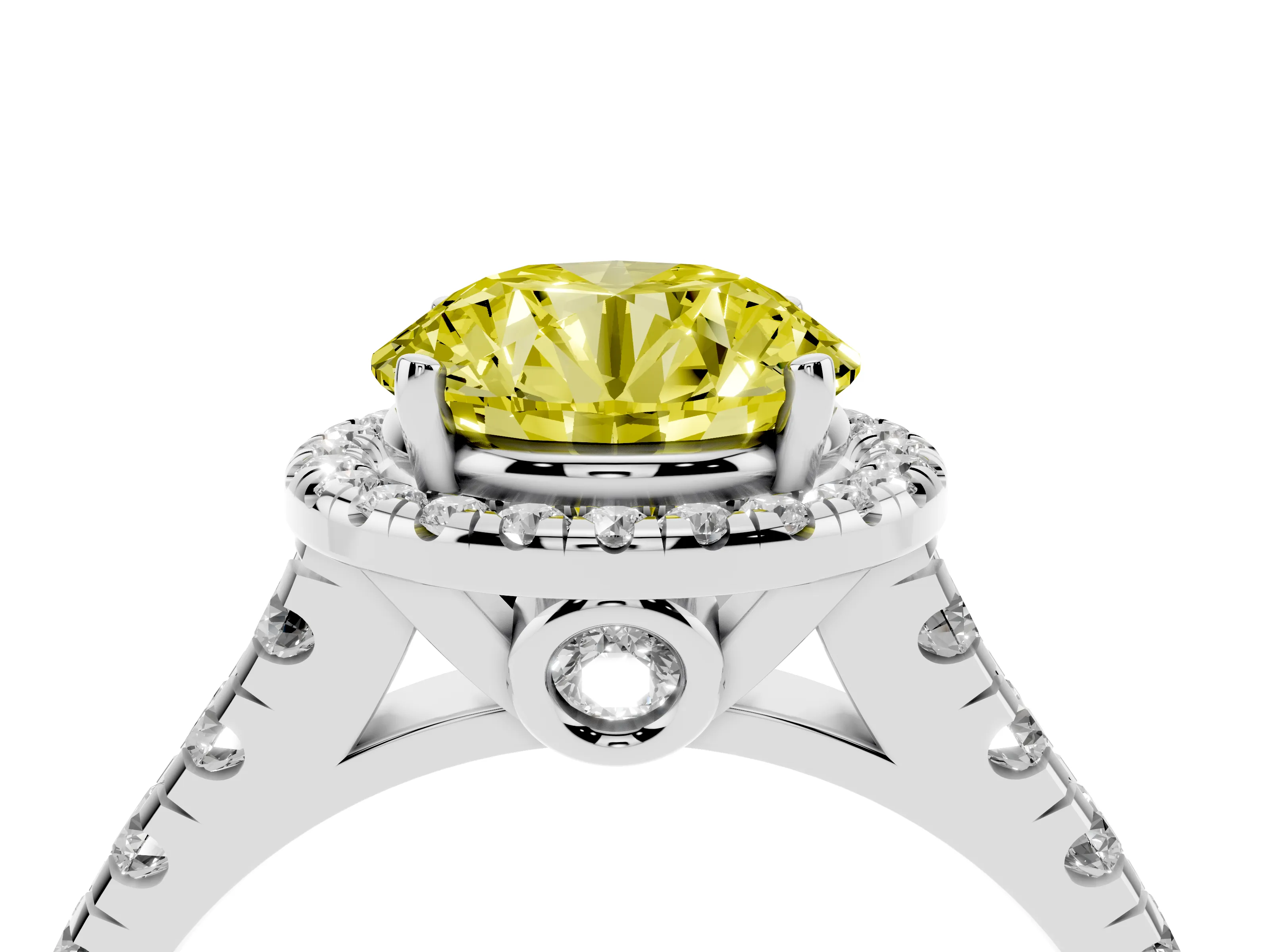 Fancy Yellow Round Cut Diamond Halo Engagement Ring Set in Platinum with Pavé Band and Prong-Set Center