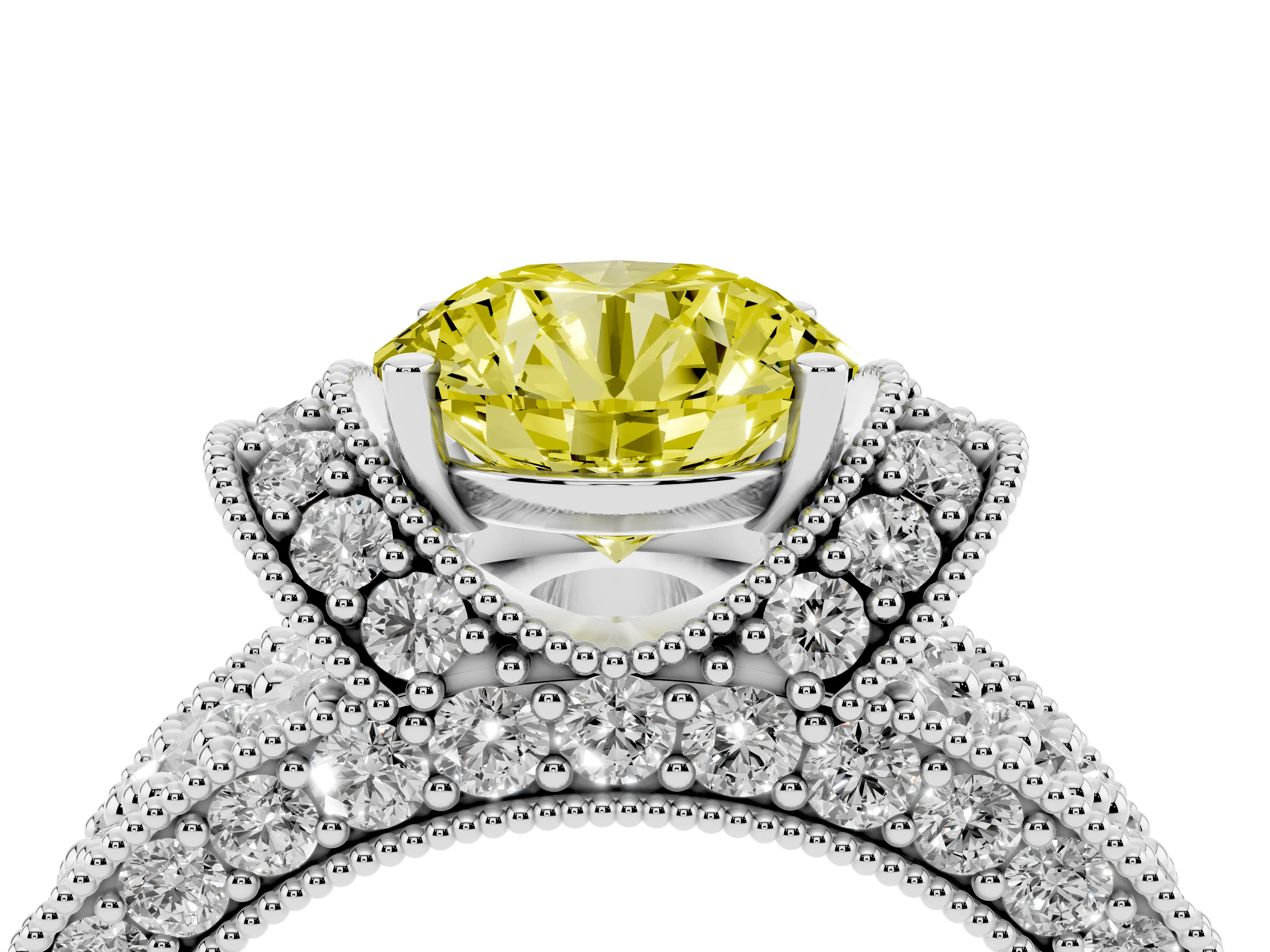 Fancy Yellow Round Cut Diamond Milgrain Halo Pavé Engagement Ring Set in Silver with Prong Setting