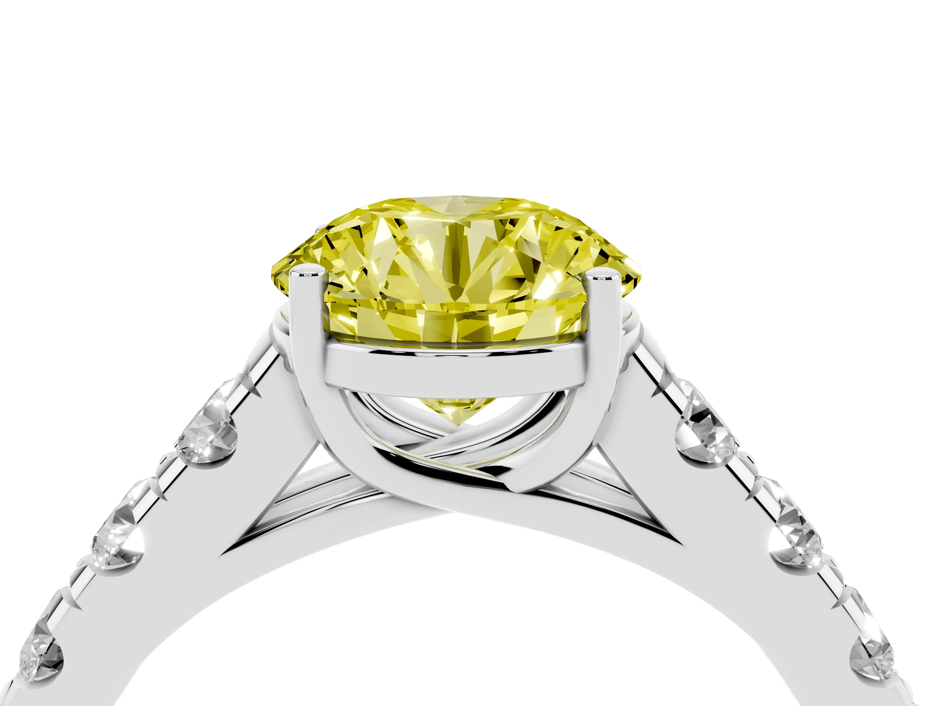 Fancy Yellow Round Cut Diamond Solitaire Ring Set in Platinum with Cut-Down Micro Pavé Band and Prong Setting