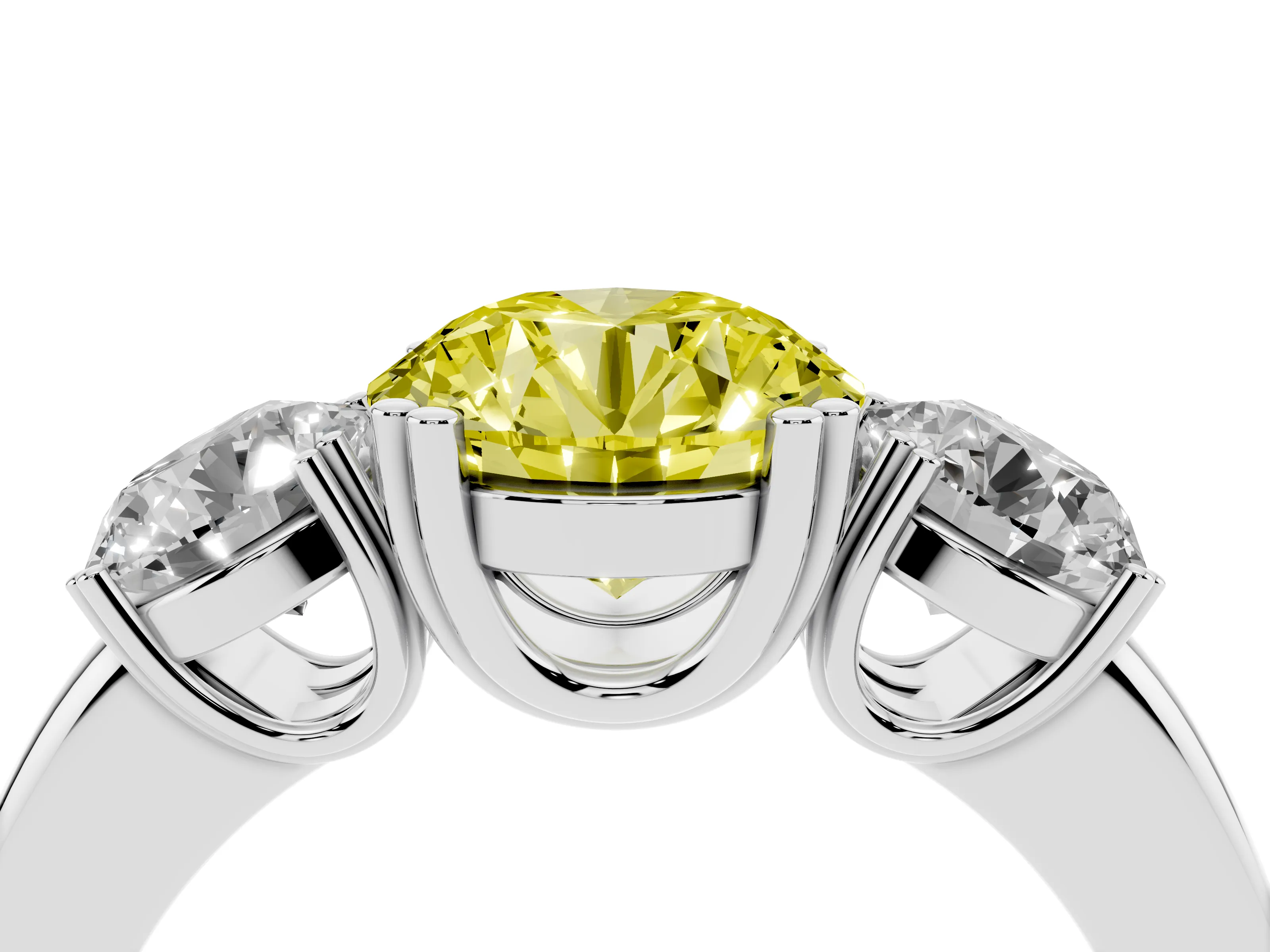 Fancy Yellow Round Cut Diamond Three-Stone Ring Set in White gold with Polished Channel-Set Band