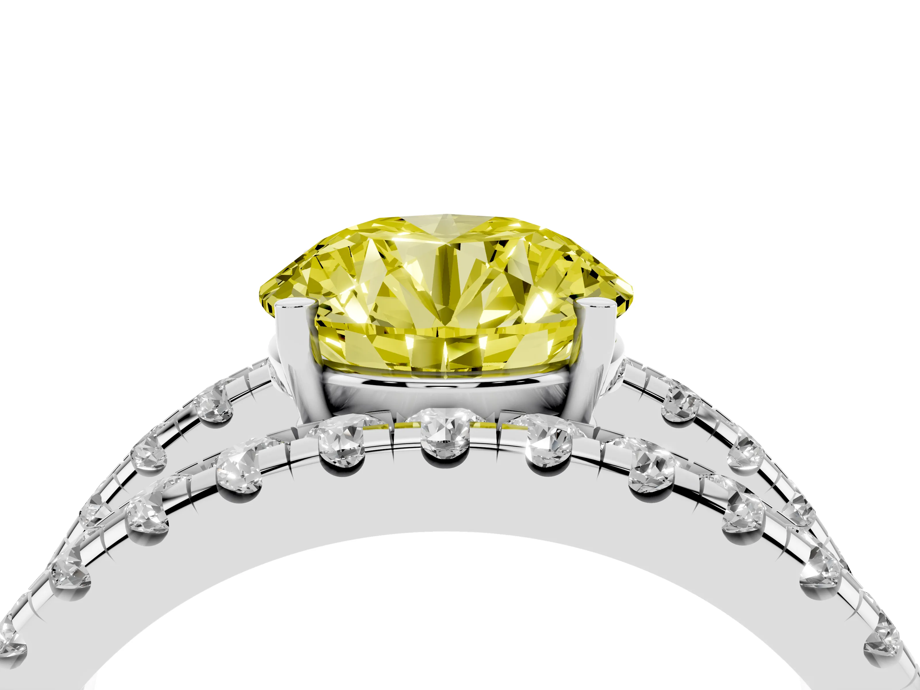 Fancy Yellow Round Cut Diamond Split Shank Pavé Solitaire Ring Set in White gold with Open Shank Design