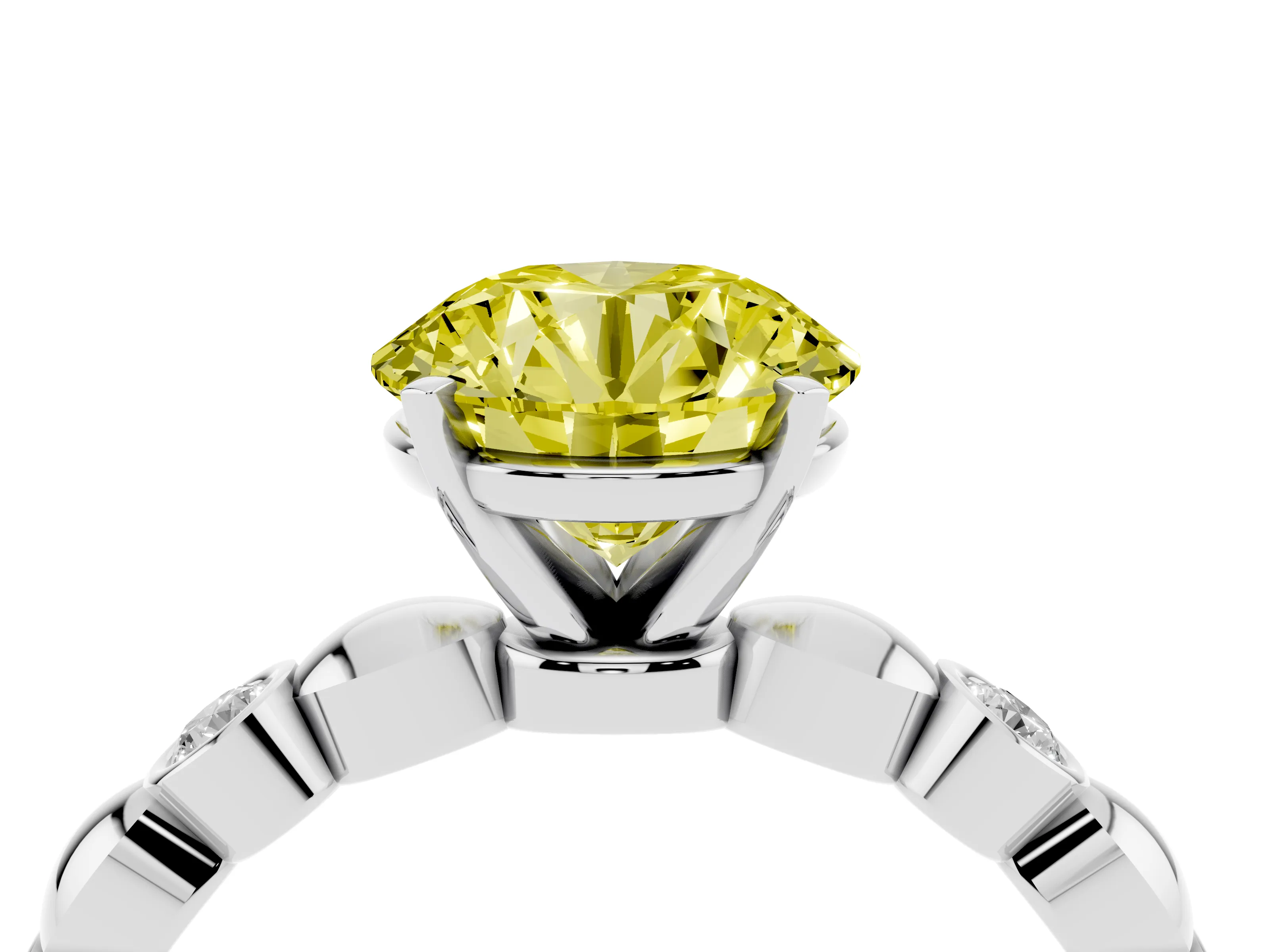 Fancy Yellow Round Cut Diamond Solitaire Ring Set in Silver with Bezel-Set Accents on Beaded Band and Prong Setting