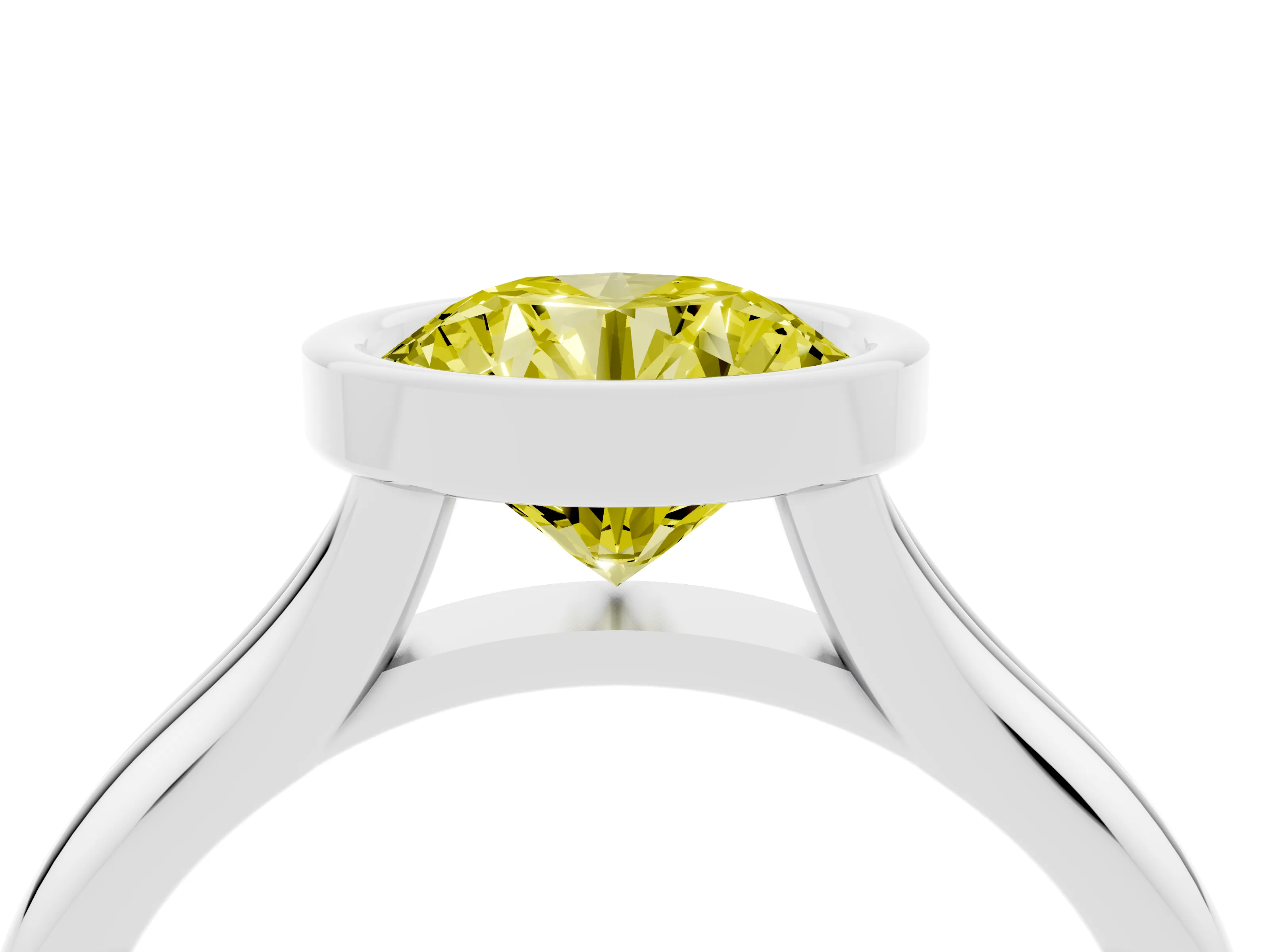 Fancy Yellow Bezel Set Round Cut Diamond Solitaire Ring Set in White gold with Smooth Band