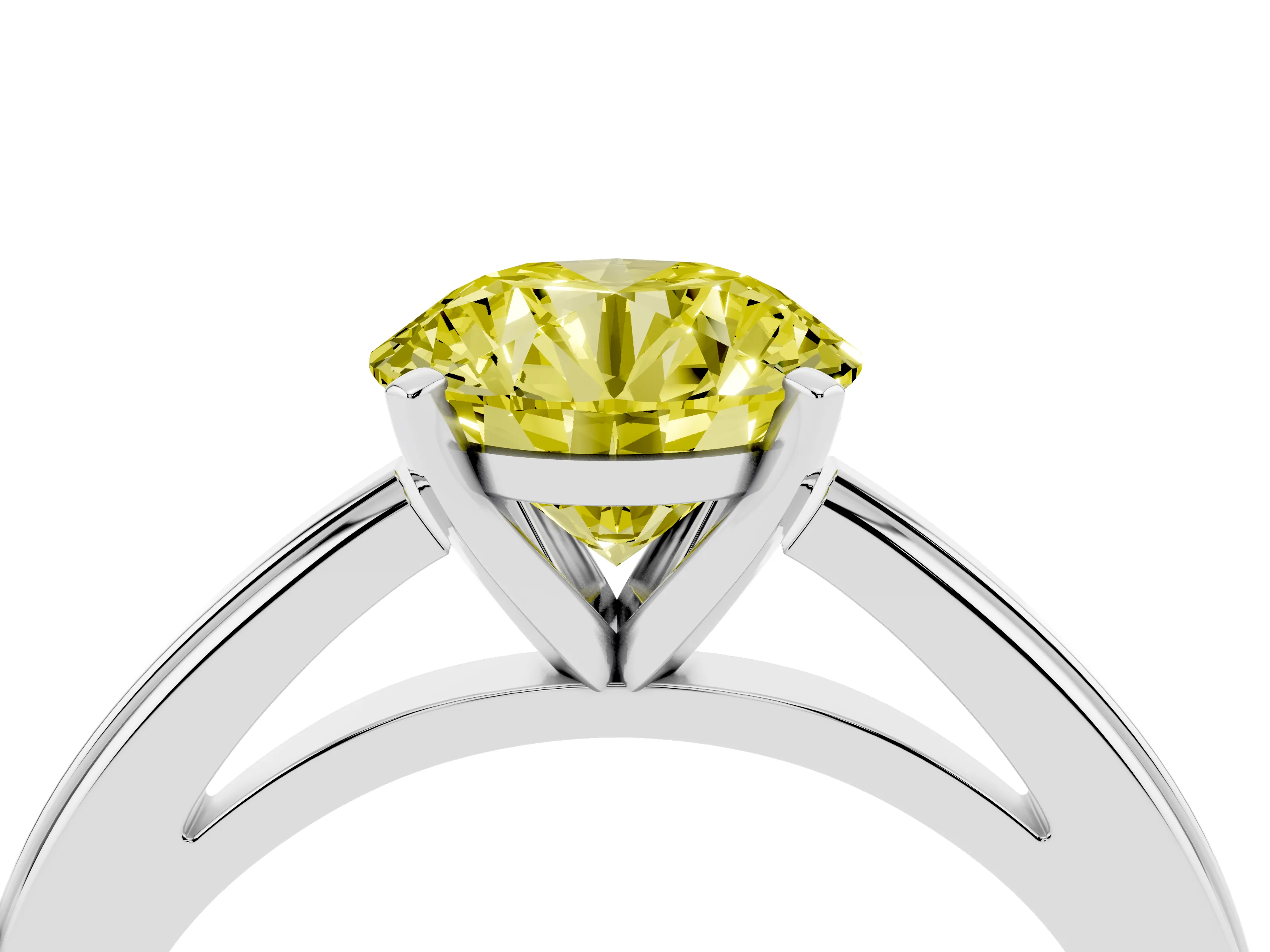 Fancy Yellow Round Cut Diamond Solitaire Ring Set in Platinum with Prong Setting and Classic Band