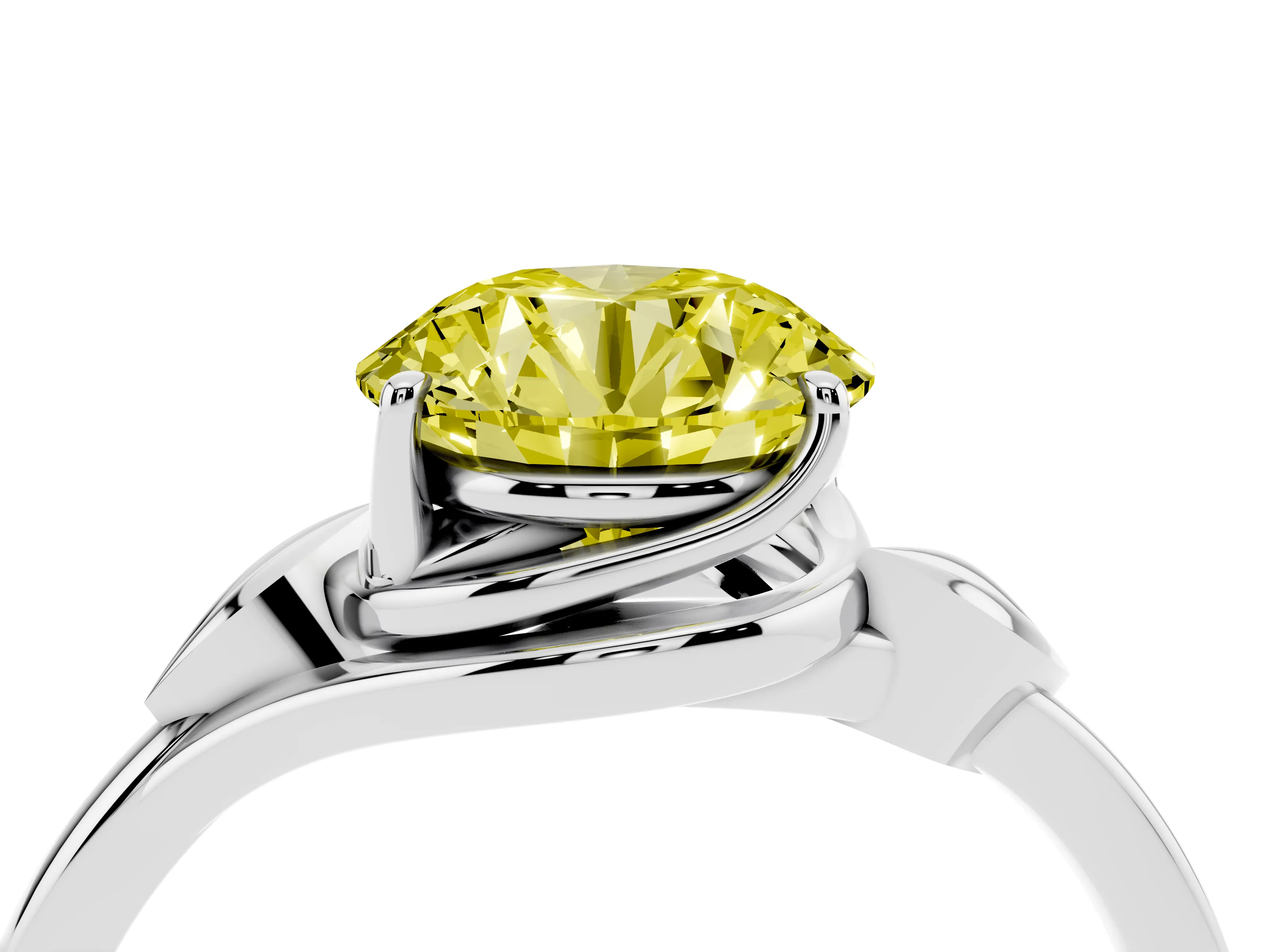 Fancy Yellow Round Cut Diamond Solitaire Ring Set in Platinum with Polished Twist Band
