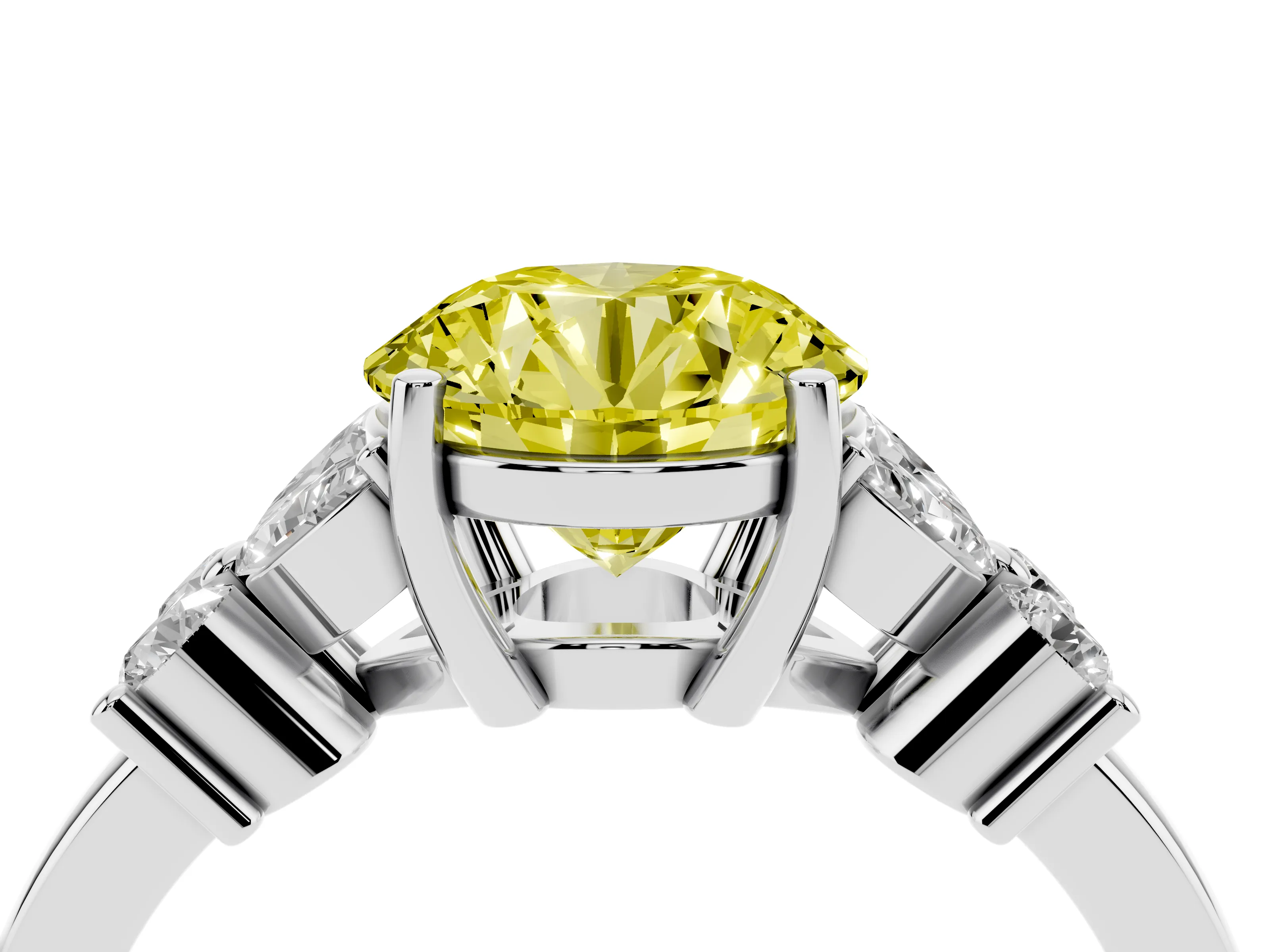 Fancy Yellow Round Cut Diamond Floral Cluster Ring Set in Platinum with Marquise Petals and Prong Setting