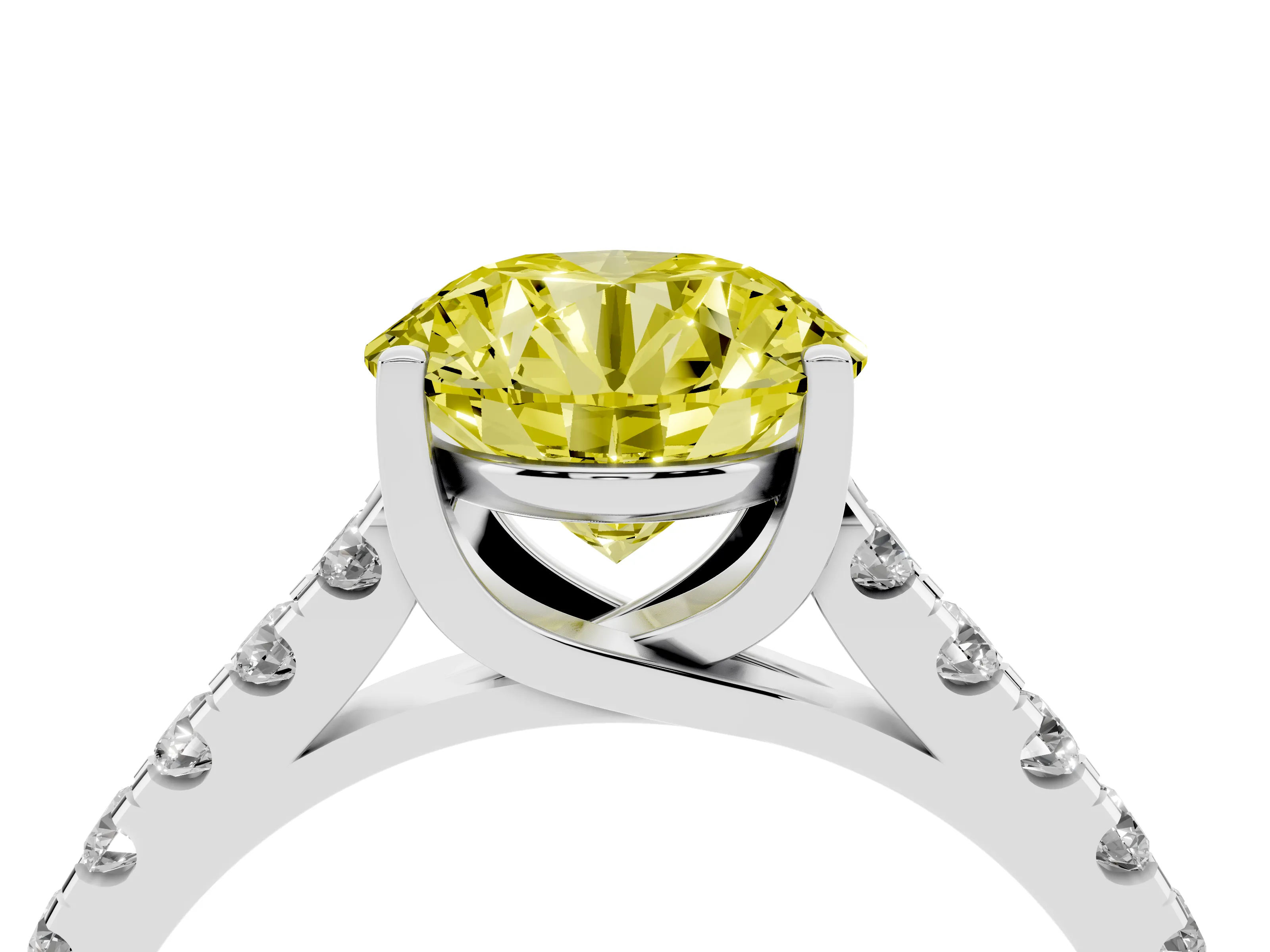 Fancy Yellow Round Cut Diamond Pavé Band Solitaire Ring Set in White gold with Partway Accent Stones and Prong Setting