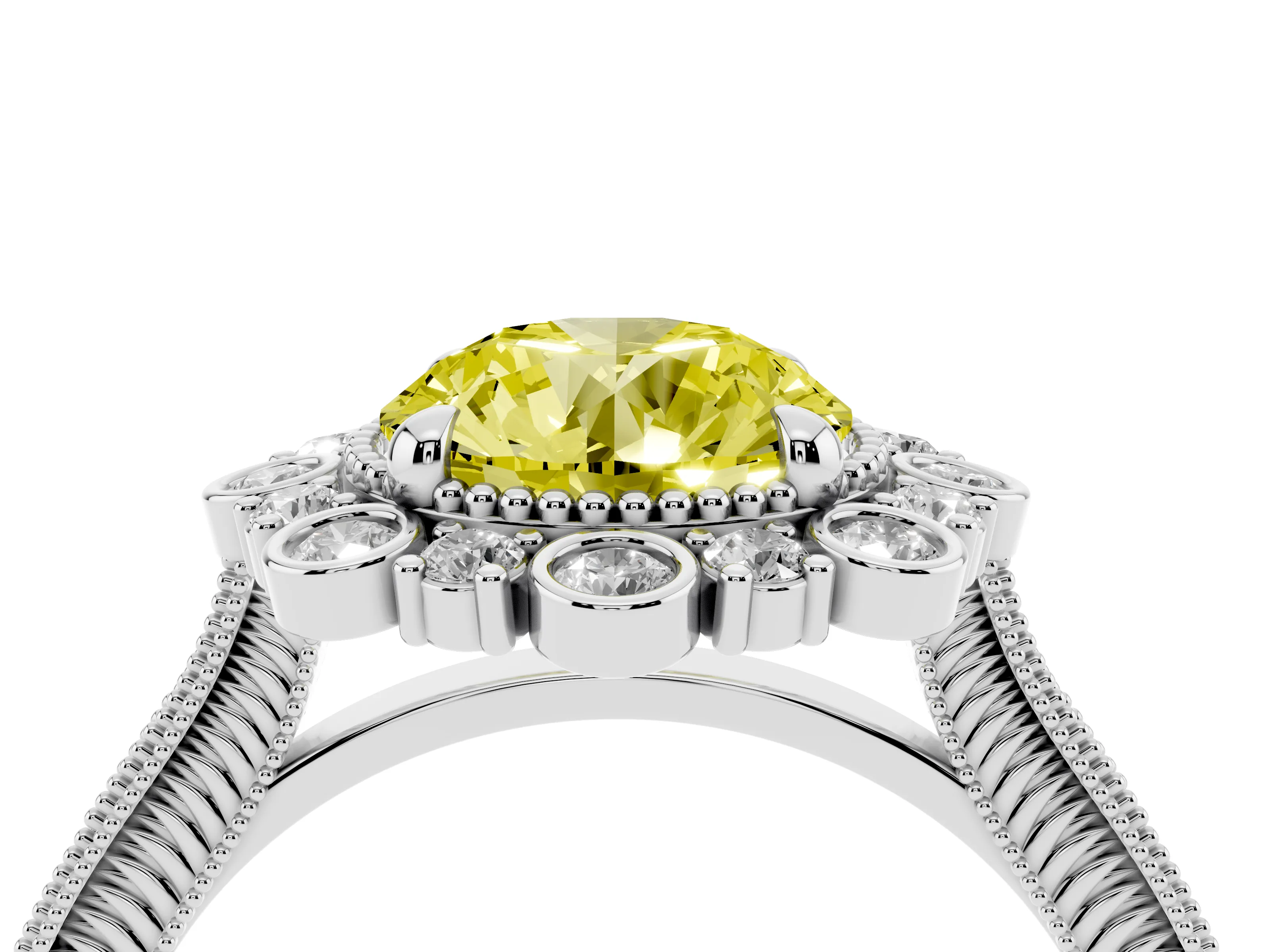 Fancy Yellow Round Cut Diamond Halo Milgrain Pavé Ring Set in White gold with Prong Setting