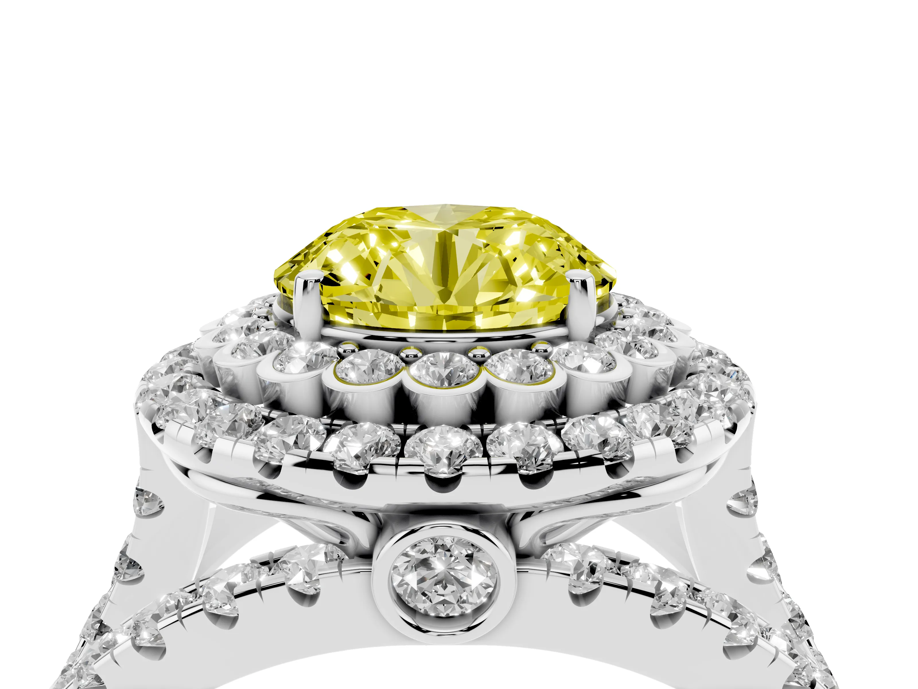 Fancy Yellow Round Cut Diamond Double Halo Ring Set in Silver with Round Pavé Split Shank