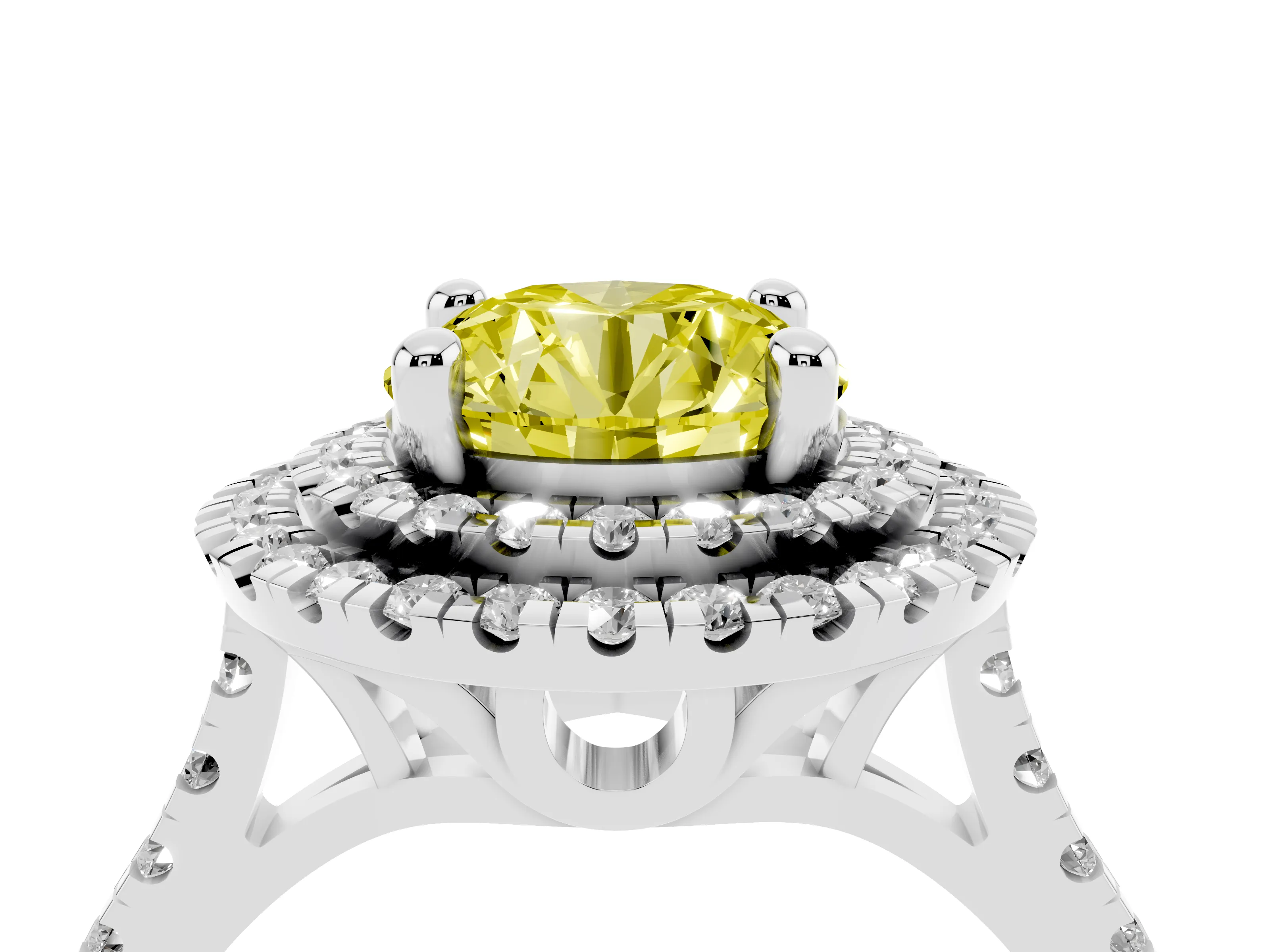 Fancy Yellow Round Cut Diamond Double Halo Statement Ring Set in Silver with Pavé Band