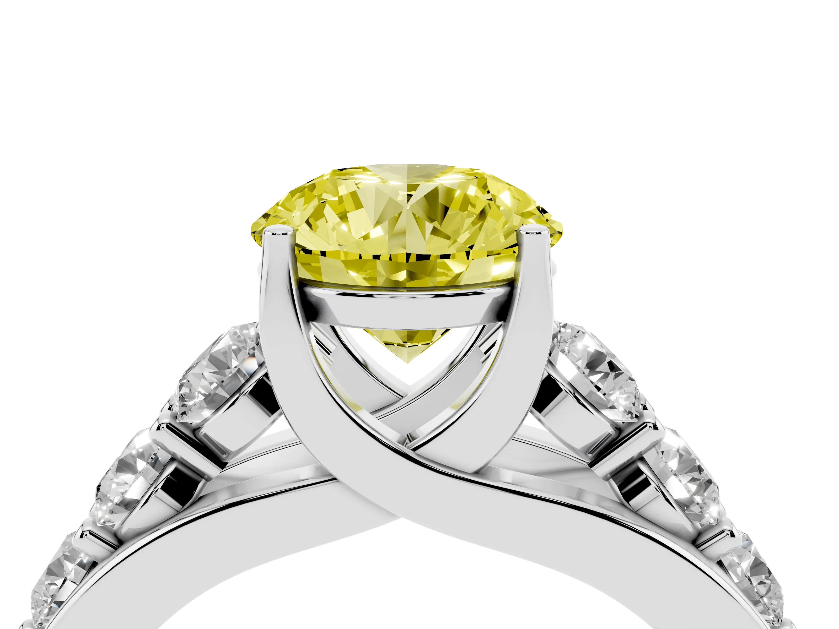 Fancy Yellow Round Cut Diamond Pavé Engagement Ring Set in Silver with Prong Setting