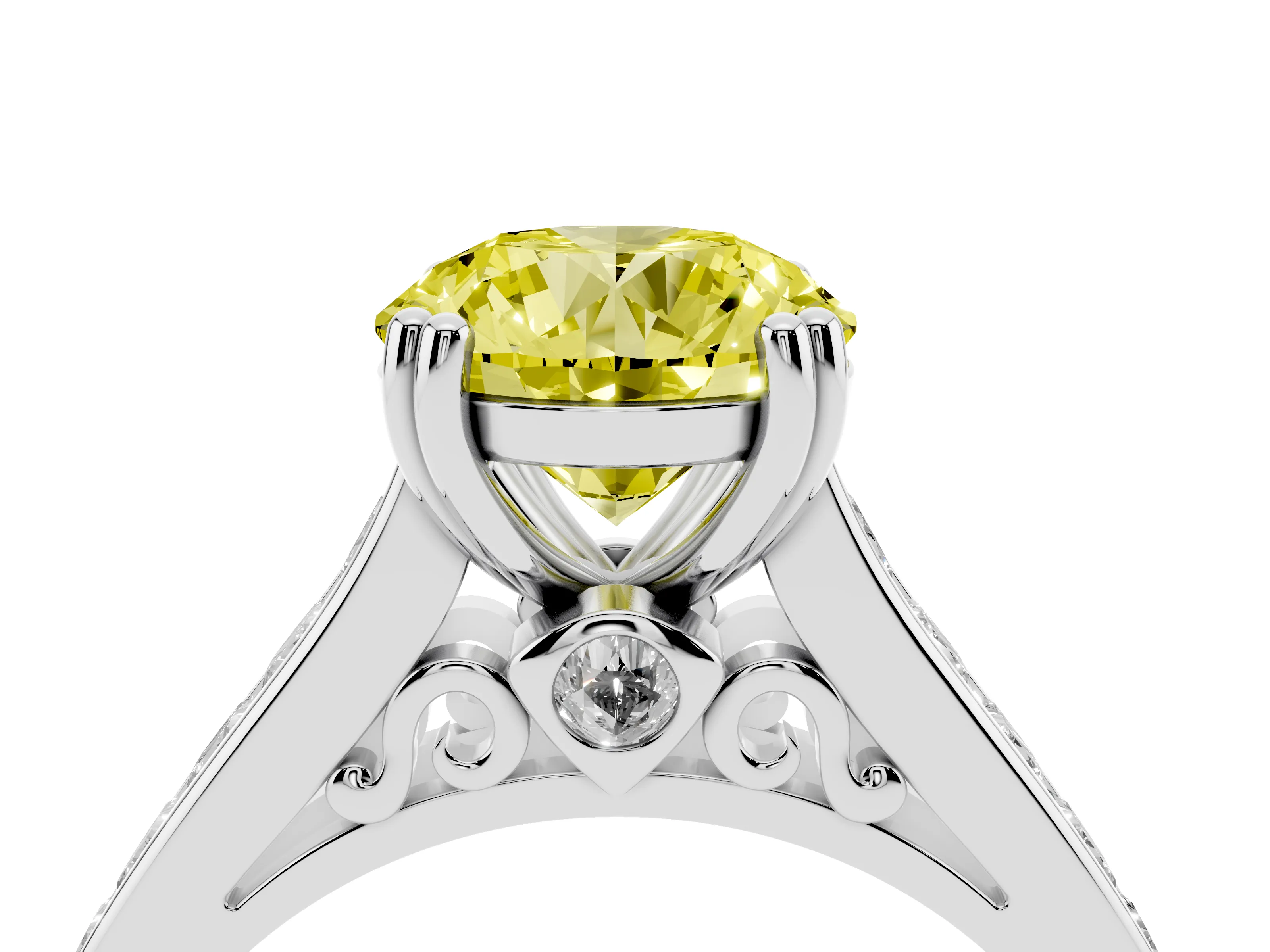 Fancy Yellow Round Cut Diamond Channel Set Solitaire Engagement Ring Set in Platinum with Prong Setting