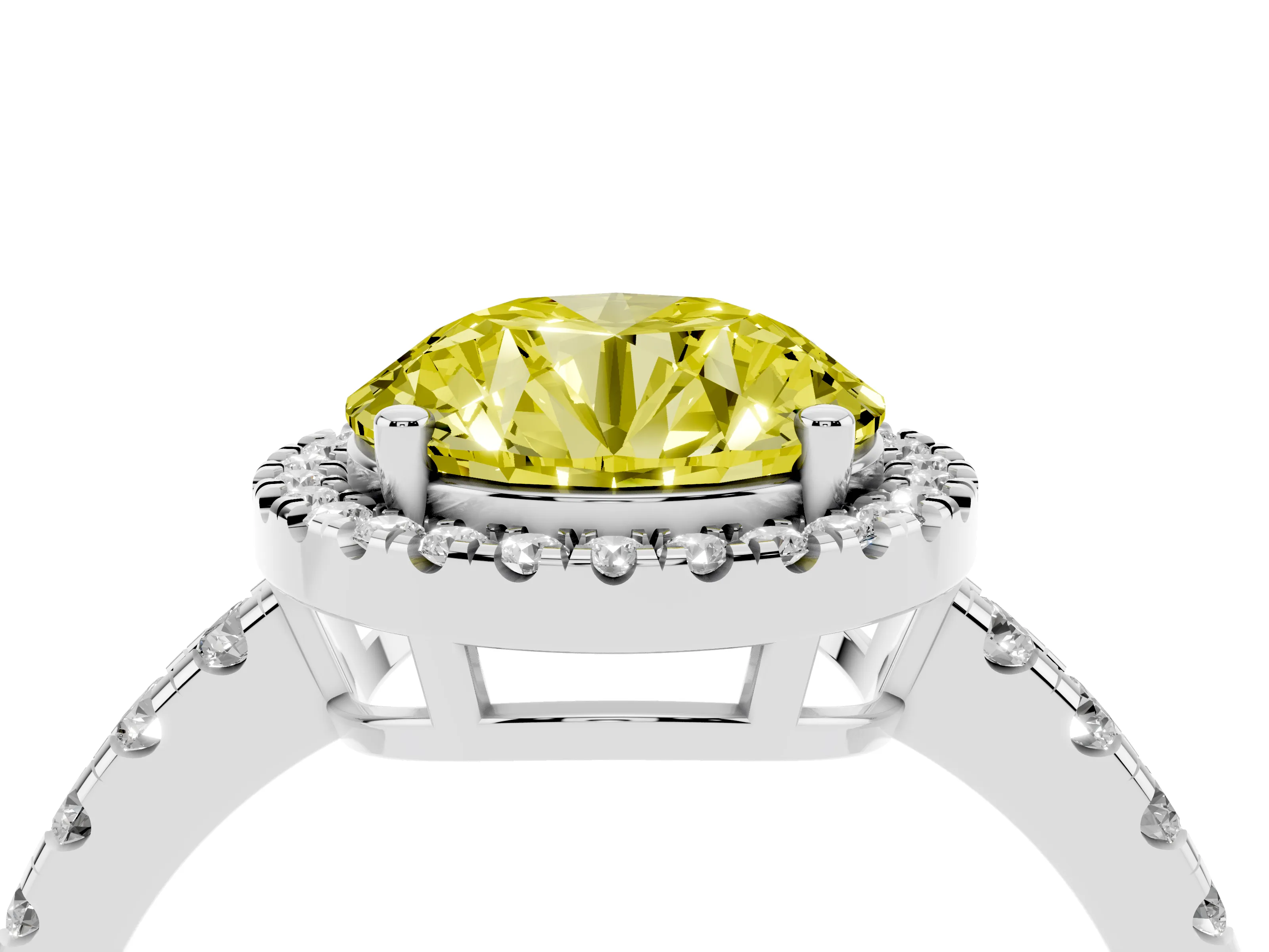 Fancy Yellow Round Cut Diamond Halo Ring Set in Silver with Delicate Pavé Band and Prong Setting