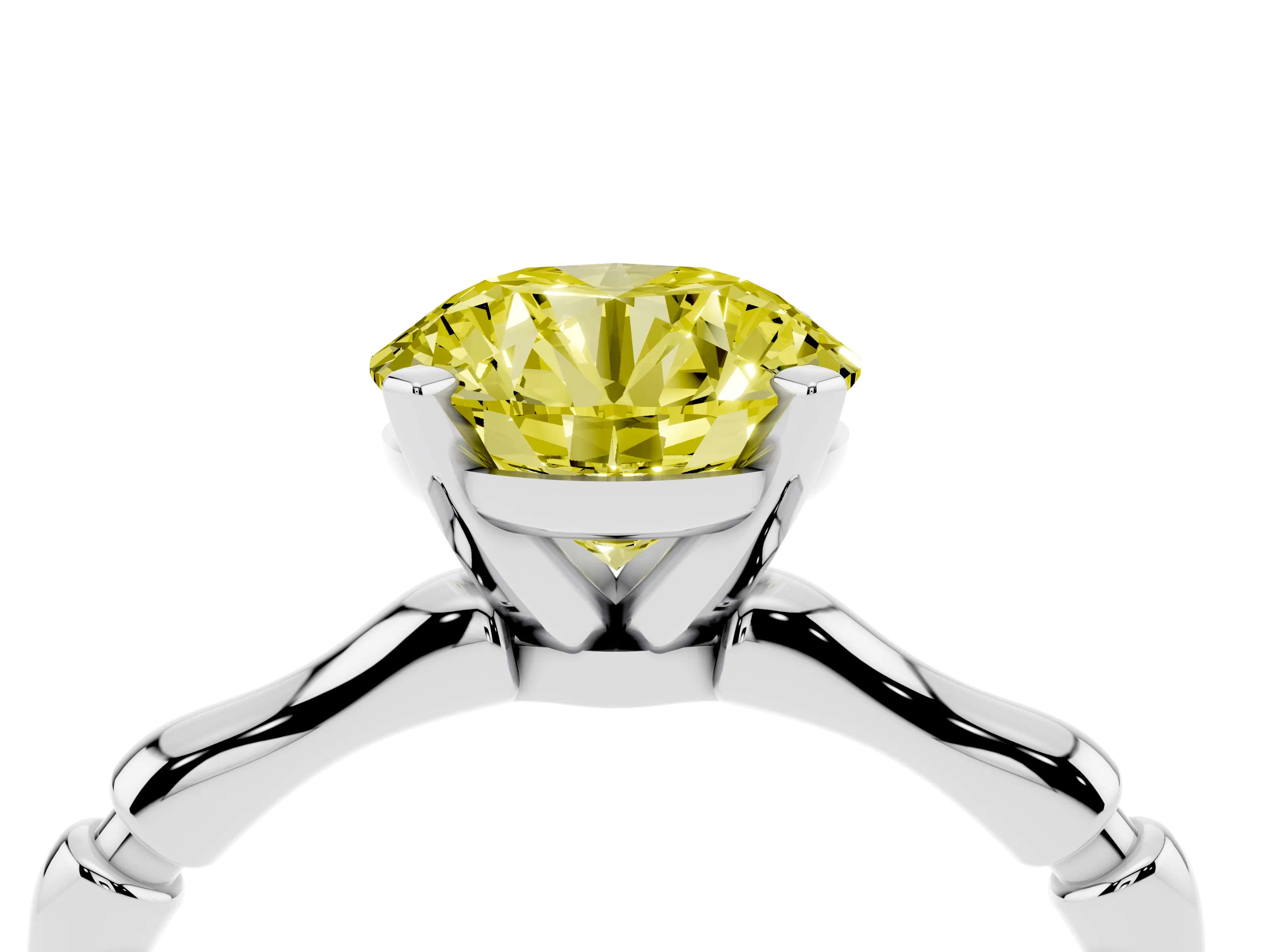 Fancy Yellow Round Cut Diamond Solitaire Ring Set in Platinum with Bamboo Band and Prong Setting
