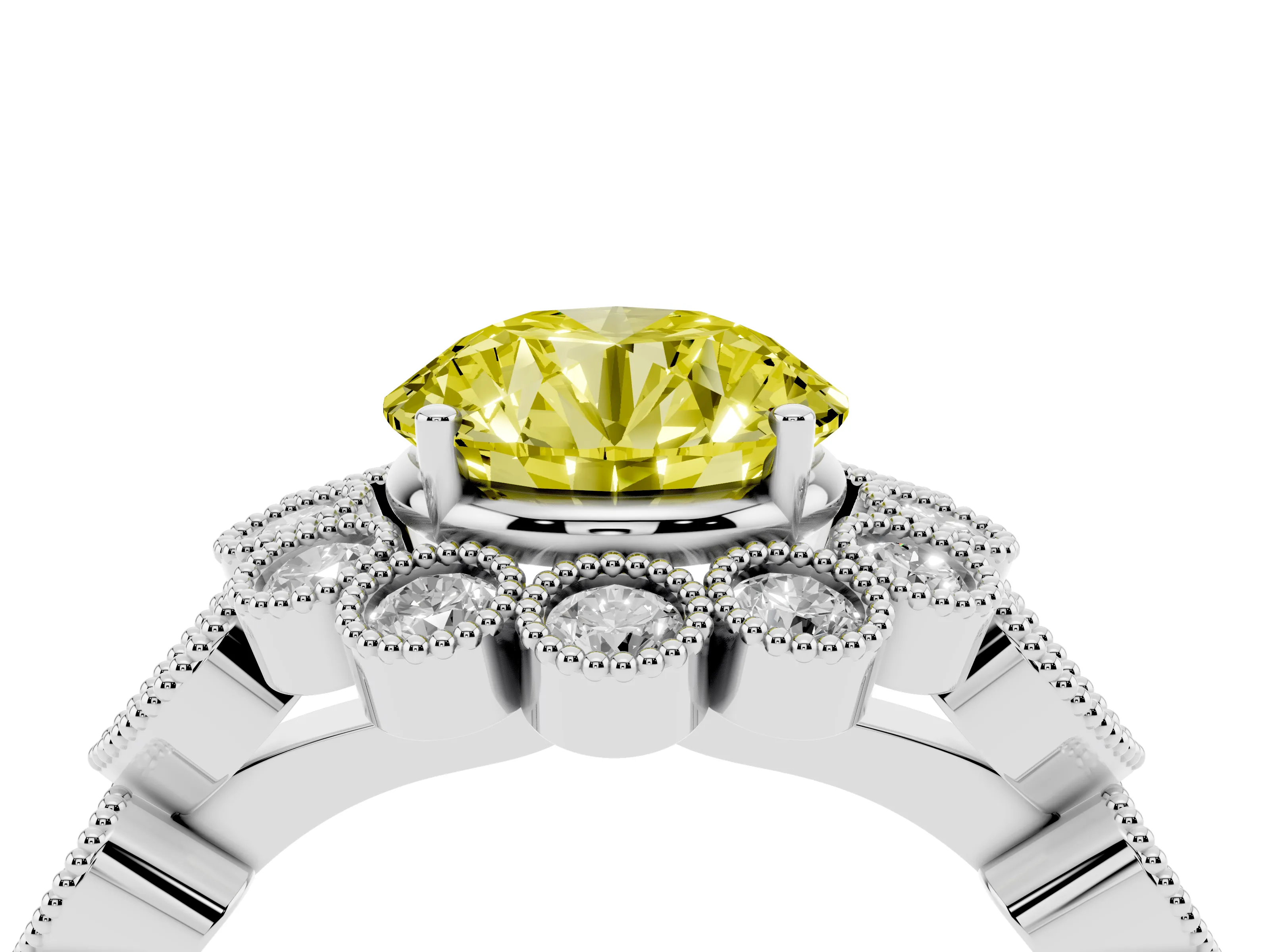 Fancy Yellow Round Cut Diamond Solitaire Ring Set in White gold with Milgrain Pavé Heart Band