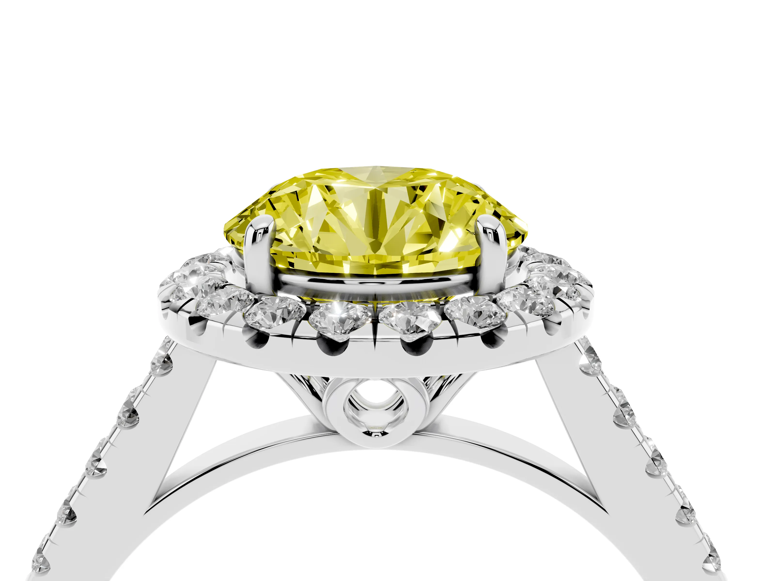 Fancy Yellow Round Cut Diamond Pavé Halo Engagement Ring Set in Platinum with Pavé Band and Prong Setting