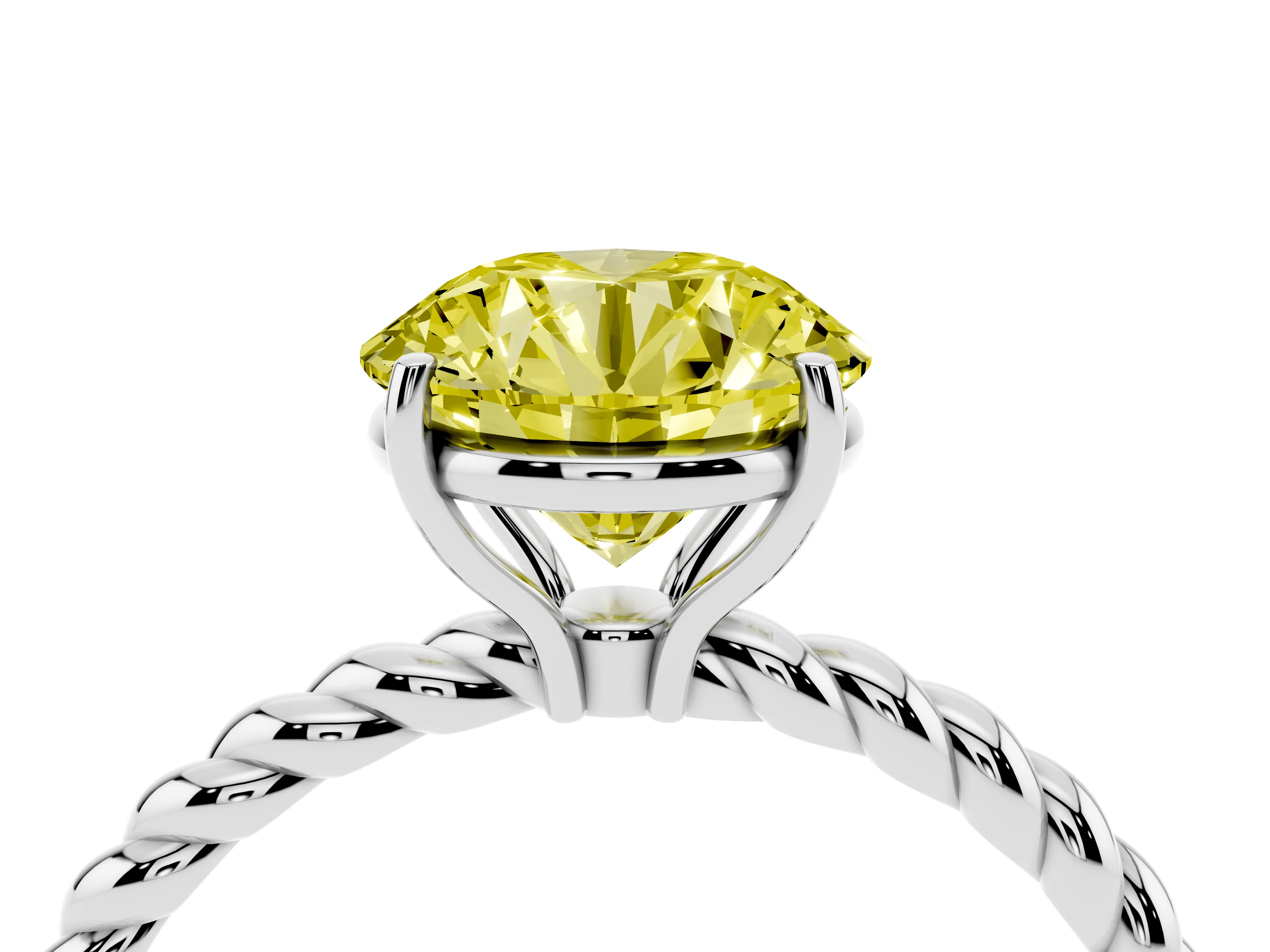 Fancy Yellow Round Cut Diamond Solitaire Ring Set in Platinum with Twist Band and Prong Setting