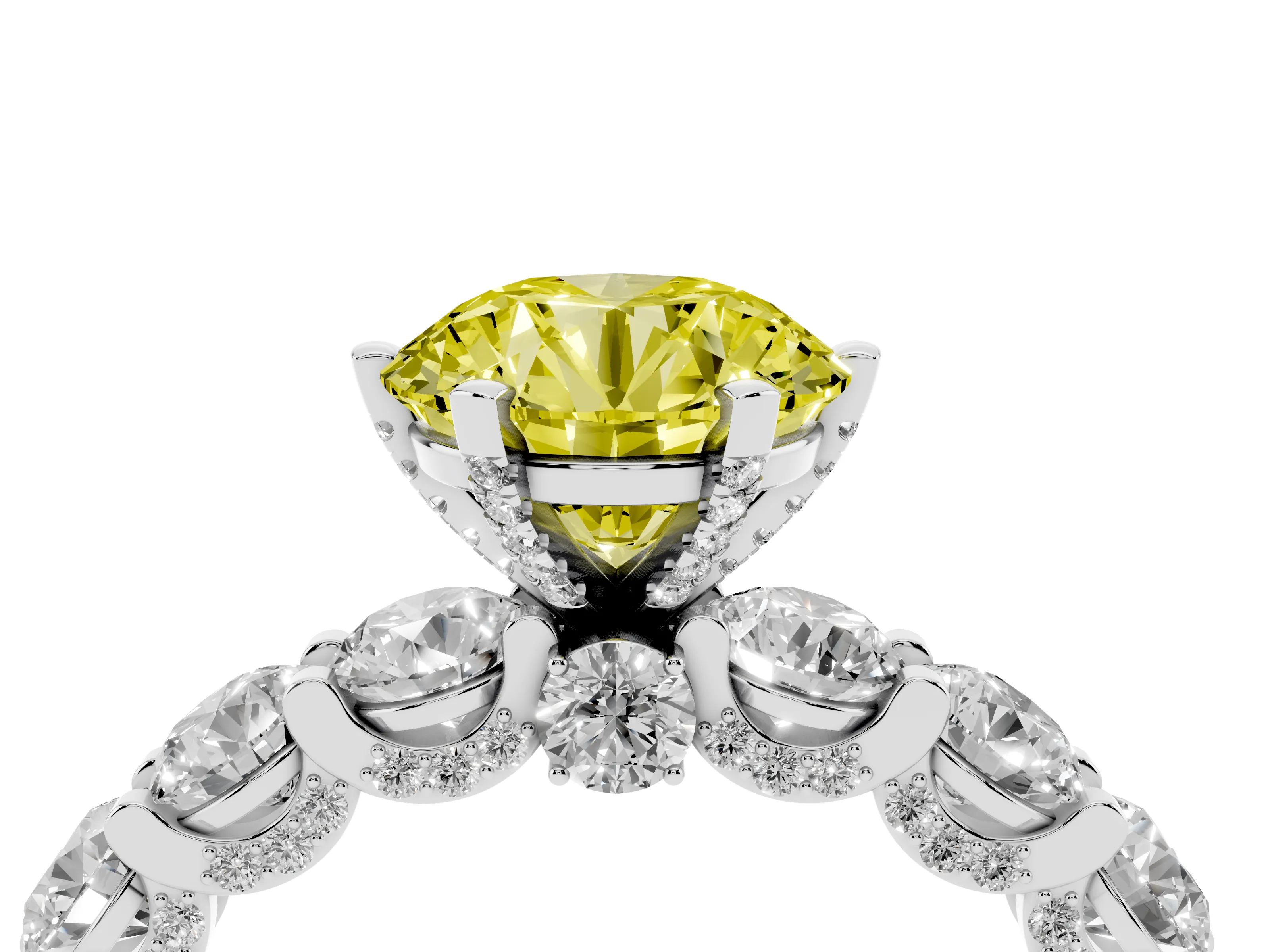 Fancy Yellow Round Cut Diamond Side Stone Ring Set in Platinum with Alternating Round and Oval Side Stones