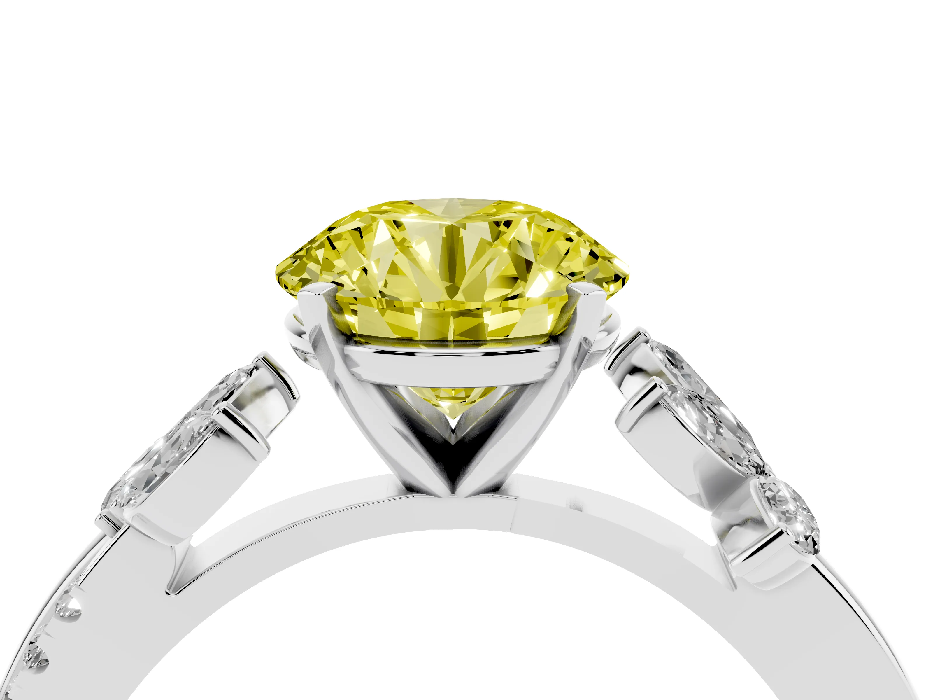 Fancy Yellow Round Cut Diamond Floral Vine Solitaire Engagement Ring Set in White gold with Marquise Leaves