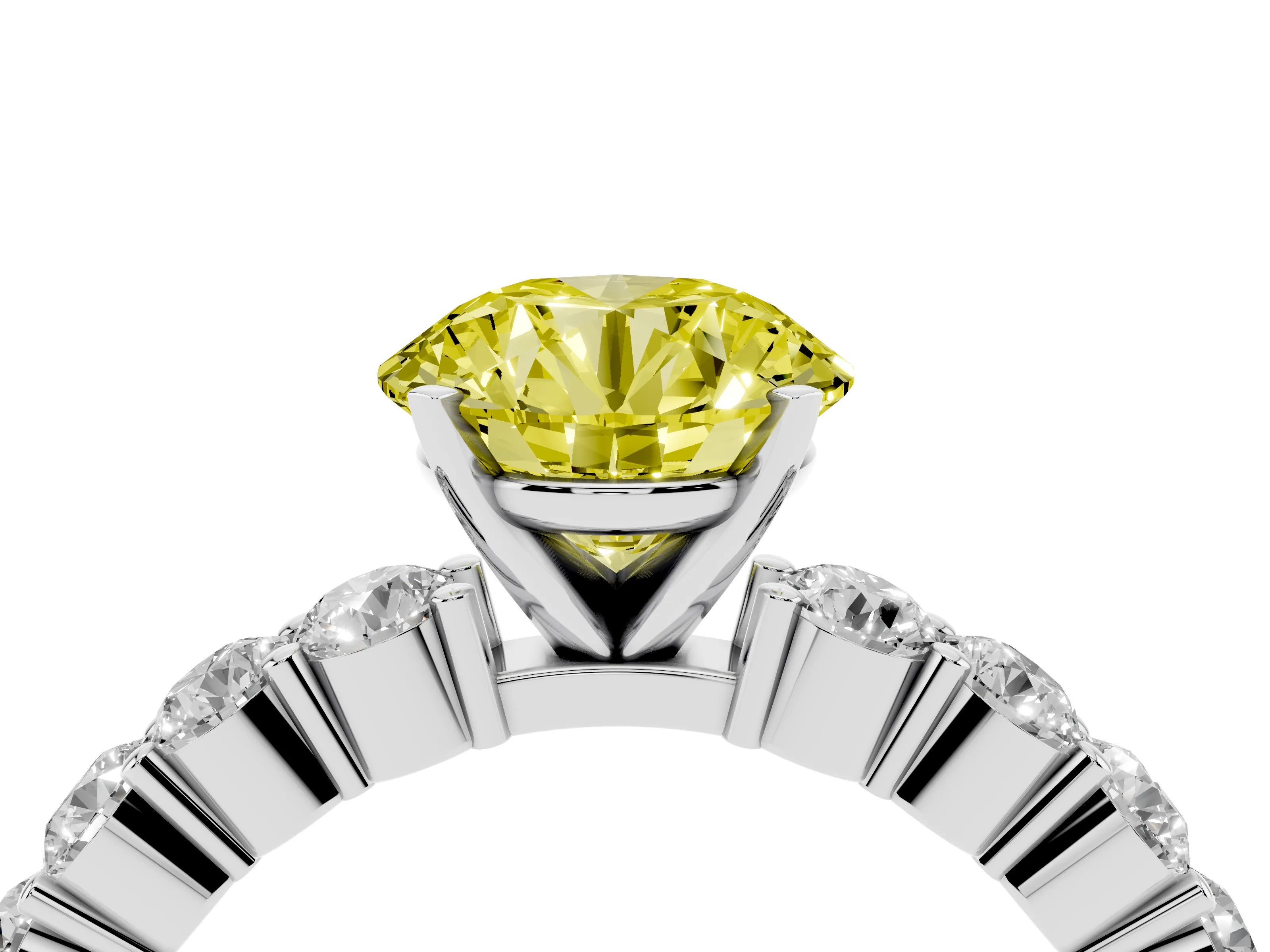 Fancy Yellow Round Cut Diamond Solitaire Ring Set in Platinum with Shared Prong Round Side Stones