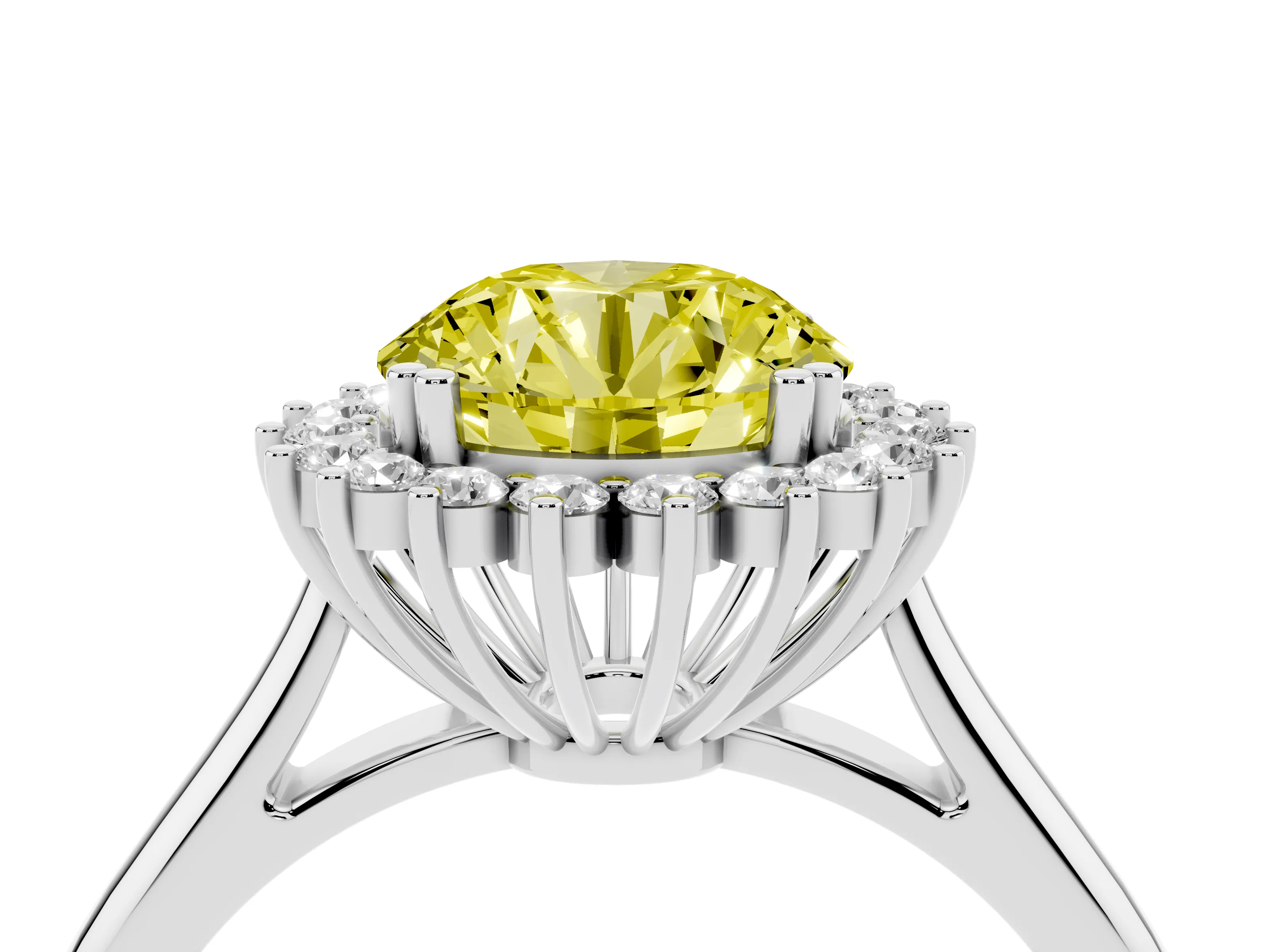 Fancy Yellow Round Cut Diamond Halo Ring Set in Platinum with Plain Solitaire Band and Prong Setting