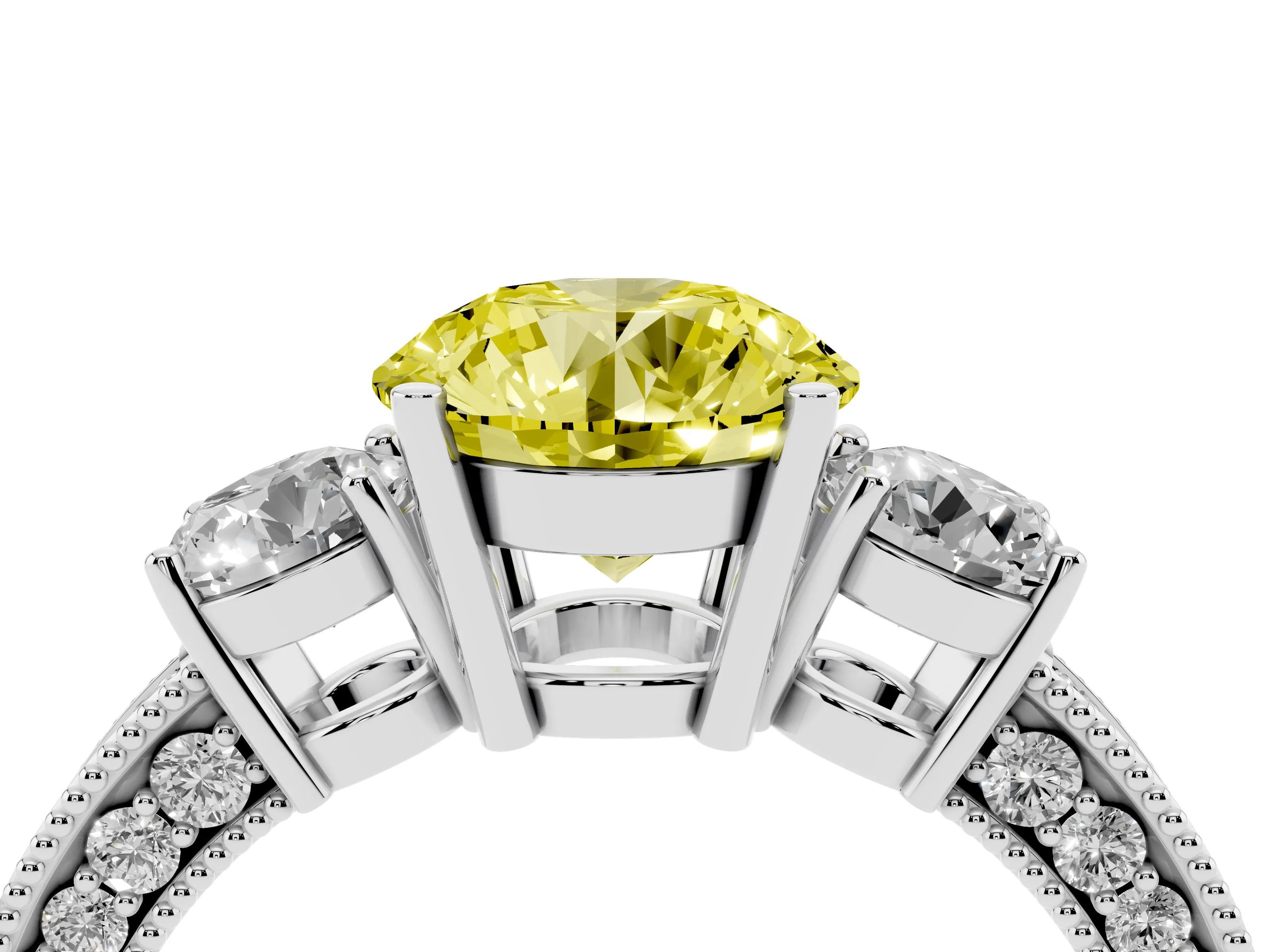 Fancy Yellow Round Cut Diamond Three-Stone Ring Set in Platinum with Round Side Stones and Pavé Band