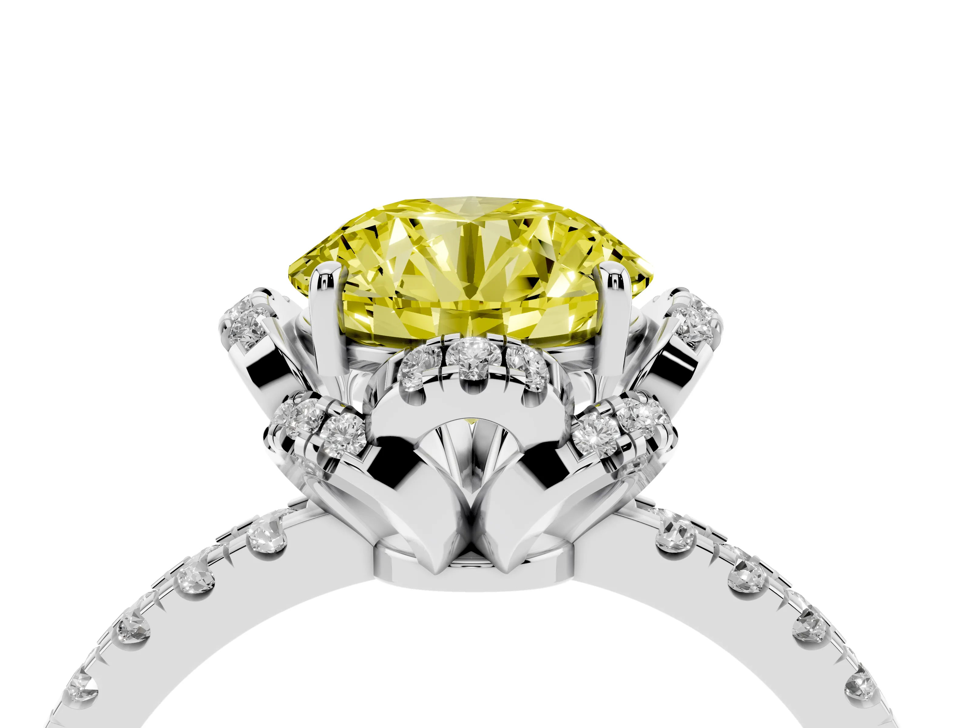 Fancy Yellow Round Cut Diamond Halo Pavé Band Ring Set in White gold with Prong-Held Center
