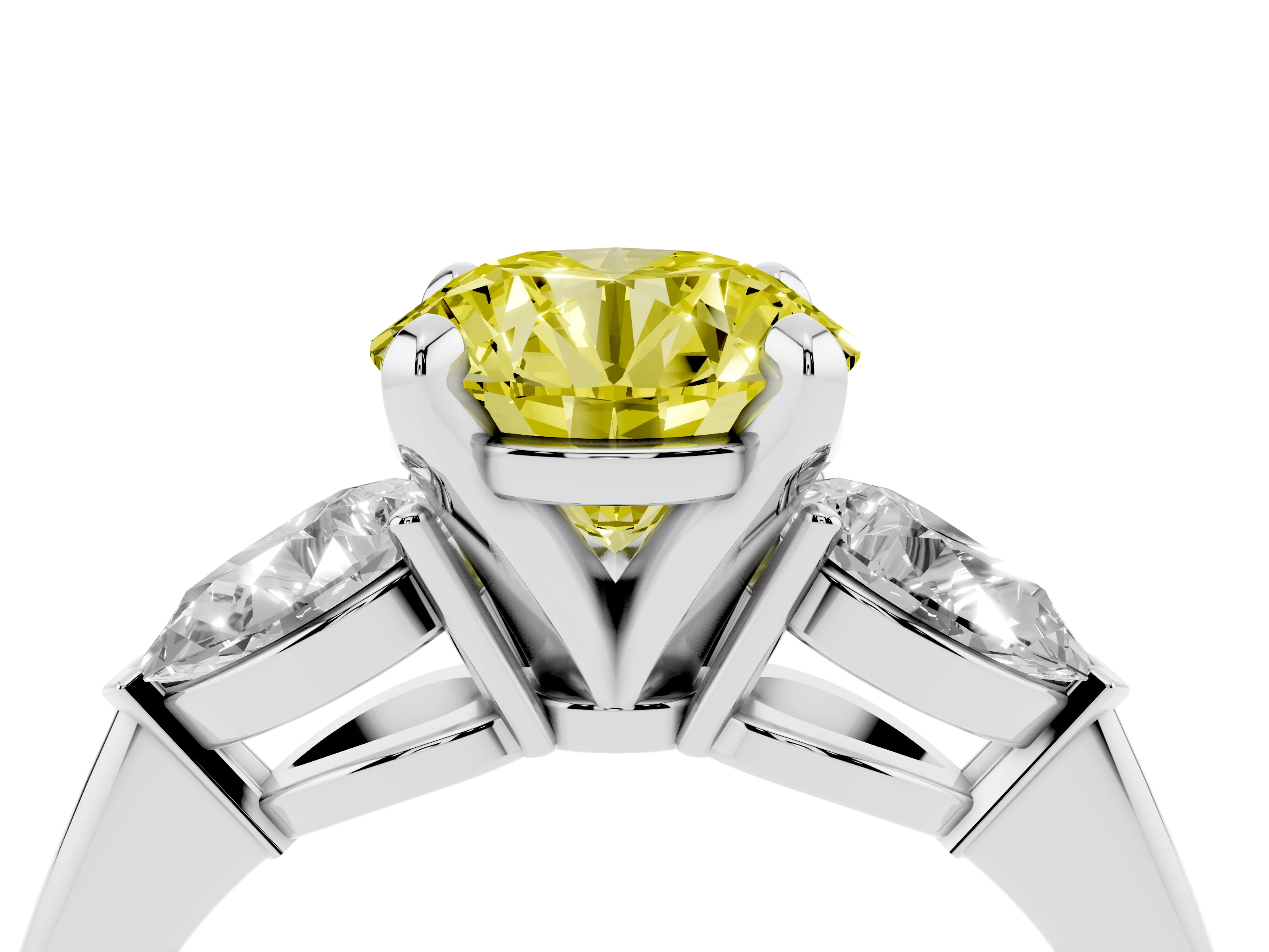 Fancy Yellow Three-Stone Round Cut Diamond Ring Set in Platinum with Pear Side Stones and Prong Setting