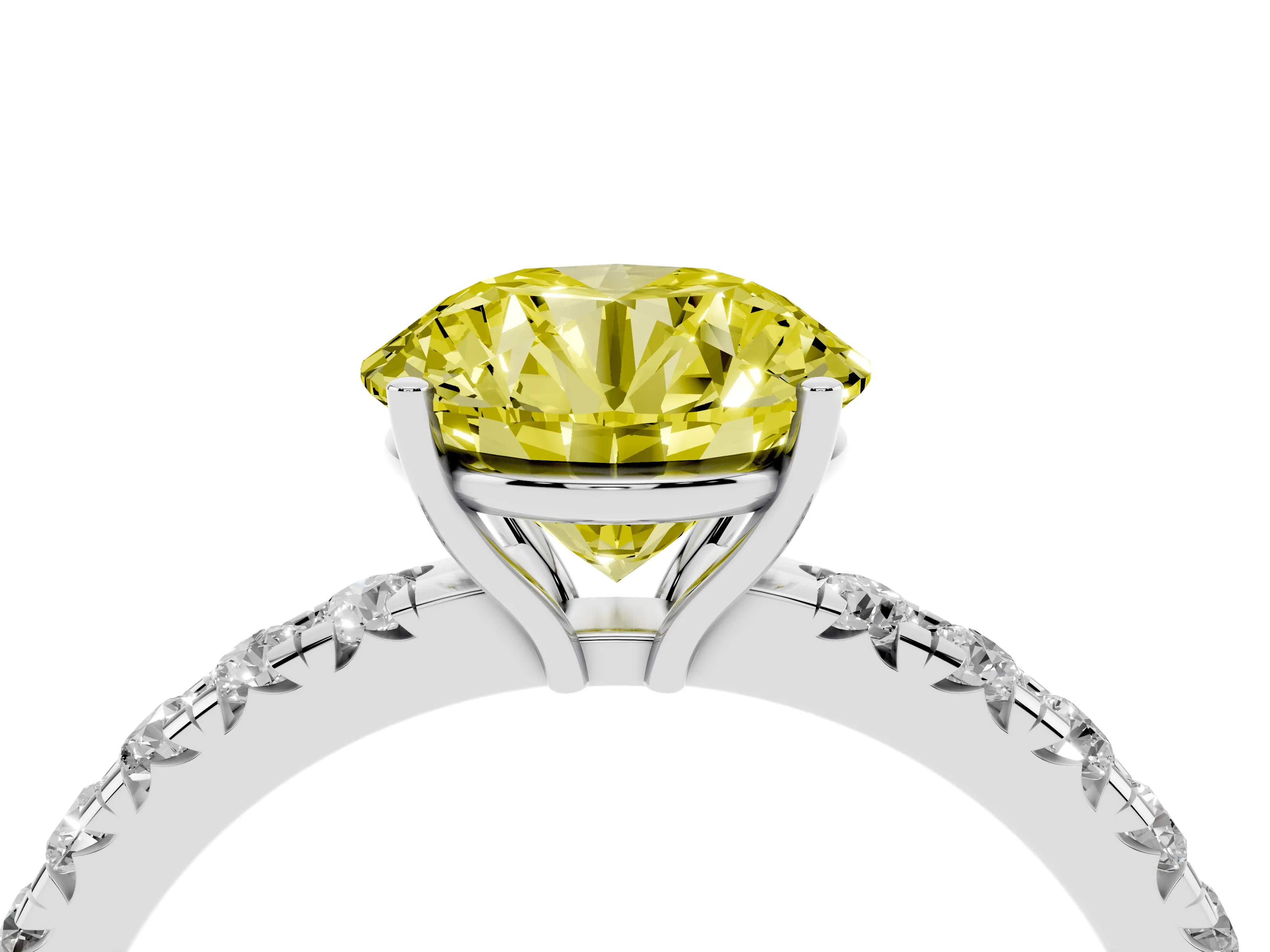 Fancy Yellow Round Cut Diamond Pavé Solitaire Engagement Ring Set in White gold with Prong Setting