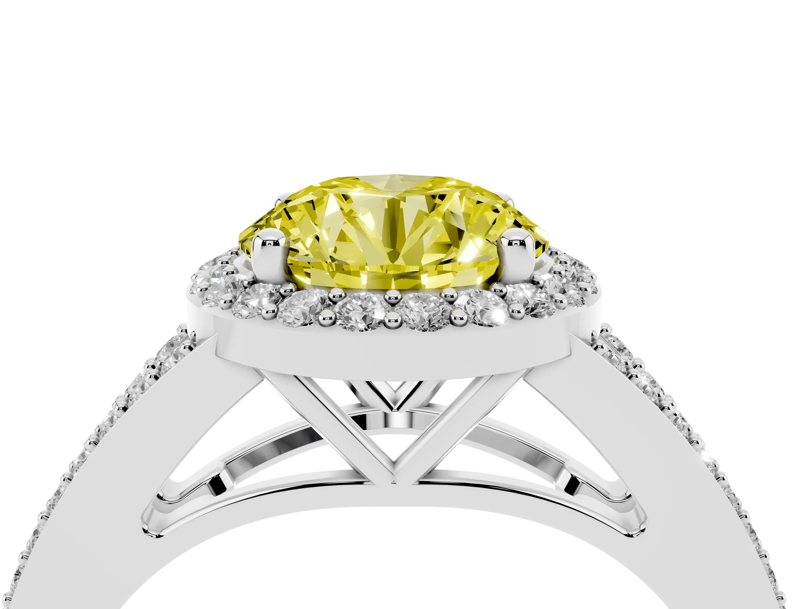 Fancy Yellow Round Cut Diamond Halo Split Shank Pavé Ring Set in White gold with Prong Setting