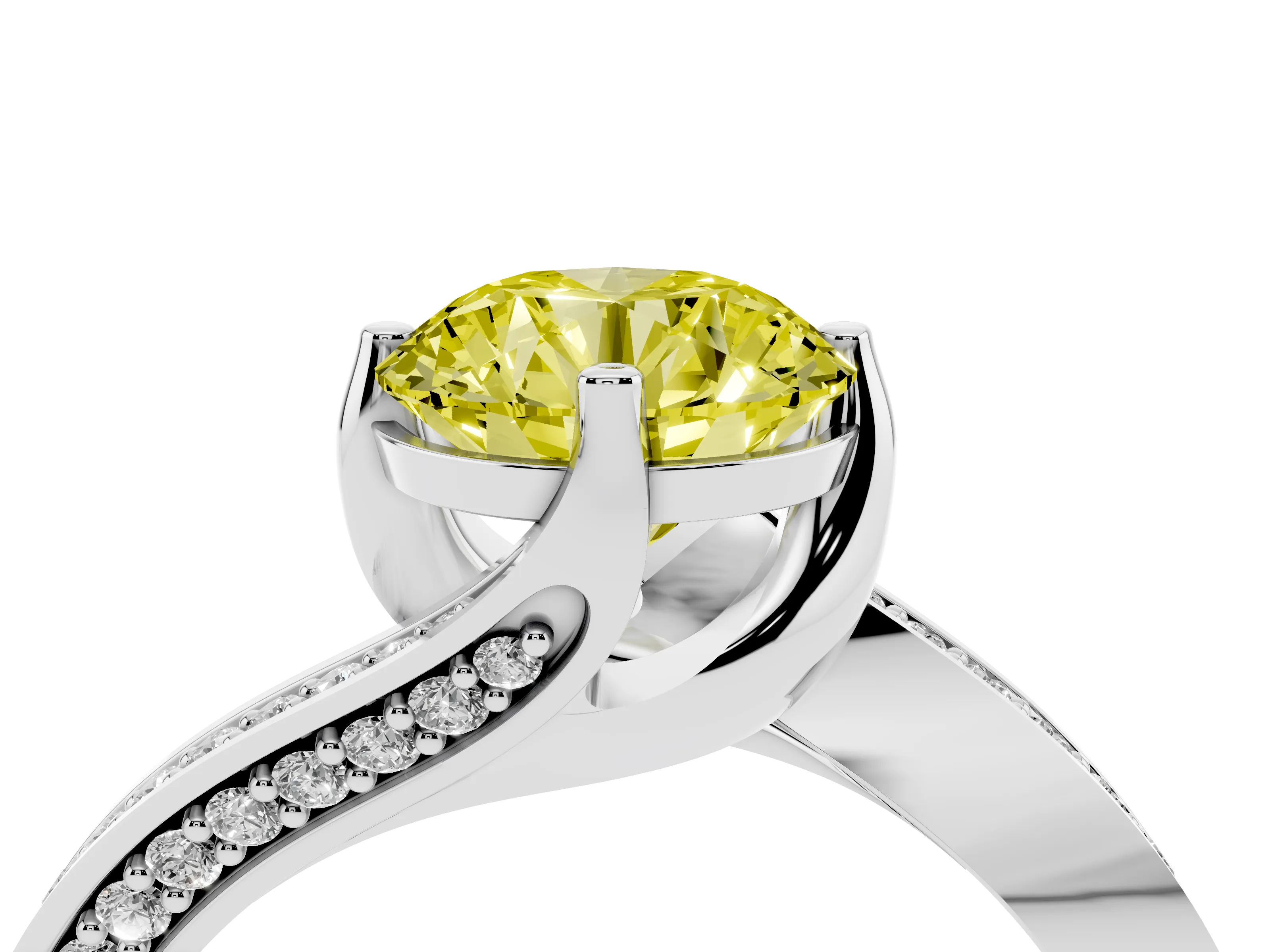 Fancy Yellow Round Cut Diamond Solitaire Ring Set in Silver with Intertwined Pavé Twist Band