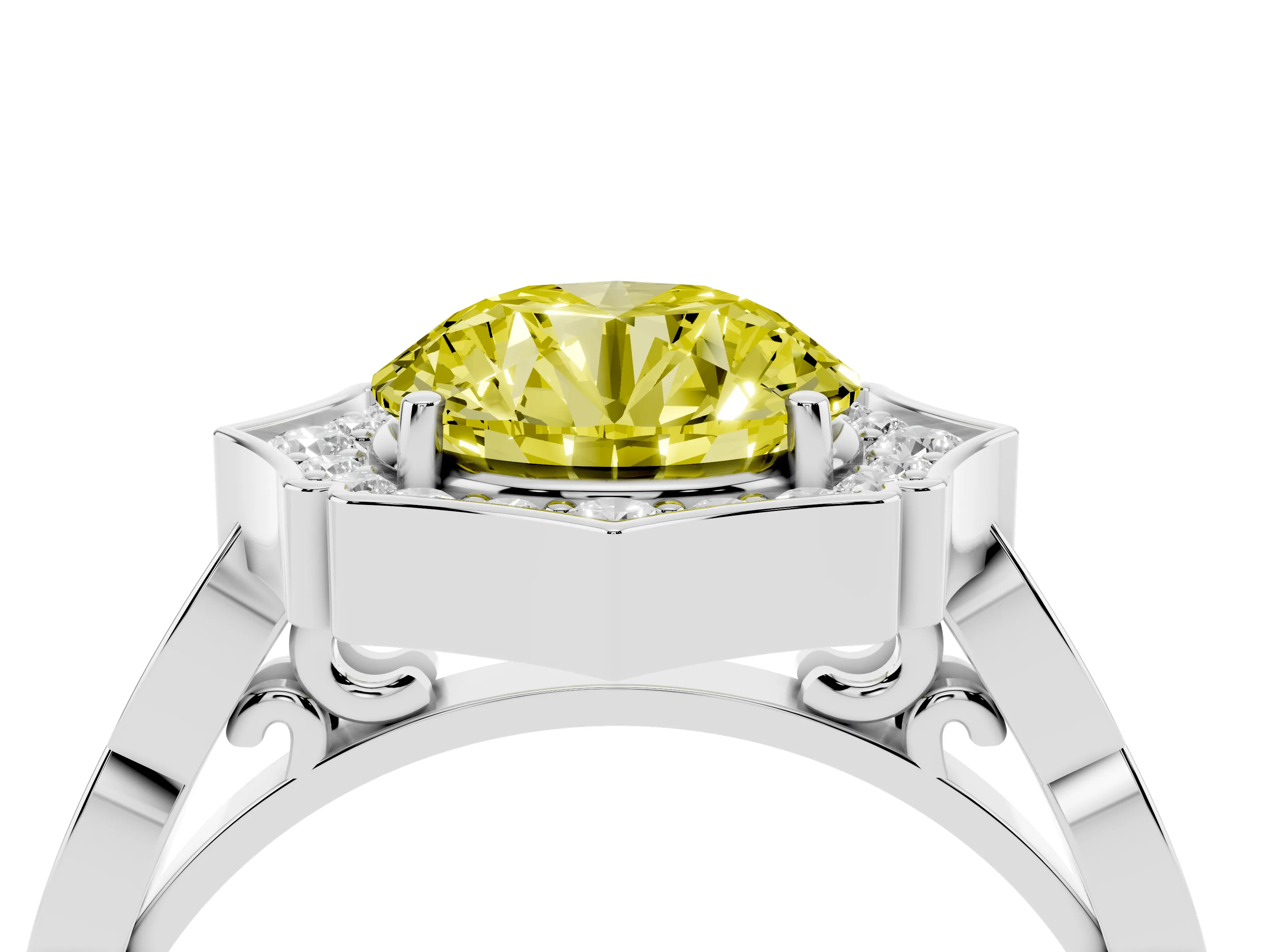 Fancy Yellow Round Cut Diamond Halo Engagement Ring Set in White gold with Milgrain Band and Prong Setting