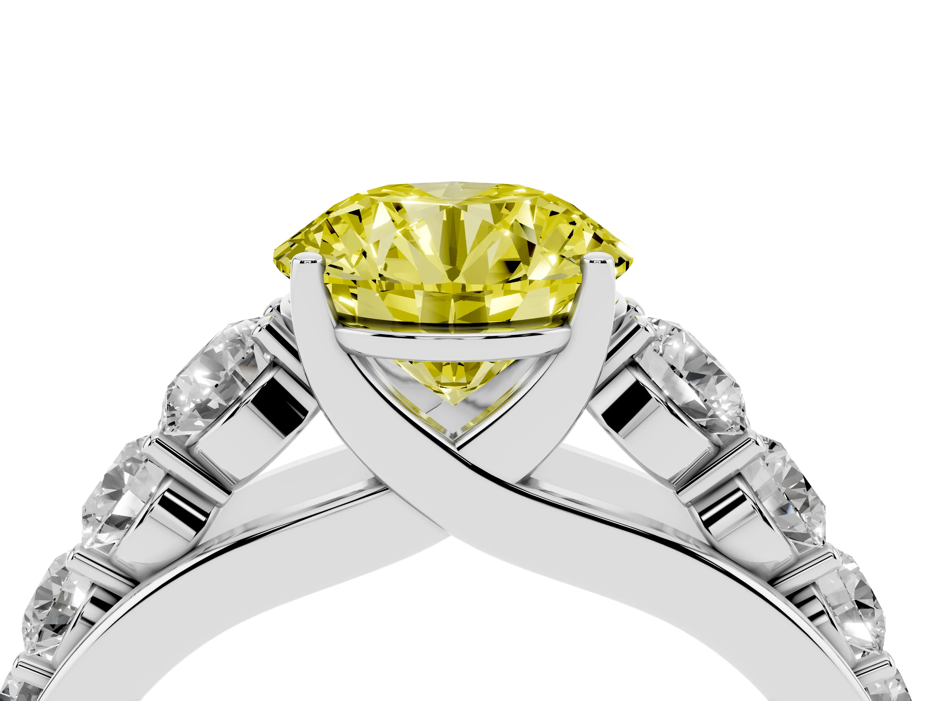 Fancy Yellow Round Cut Diamond Solitaire Ring Set in Platinum with Pavé-Set Band and Prong Setting