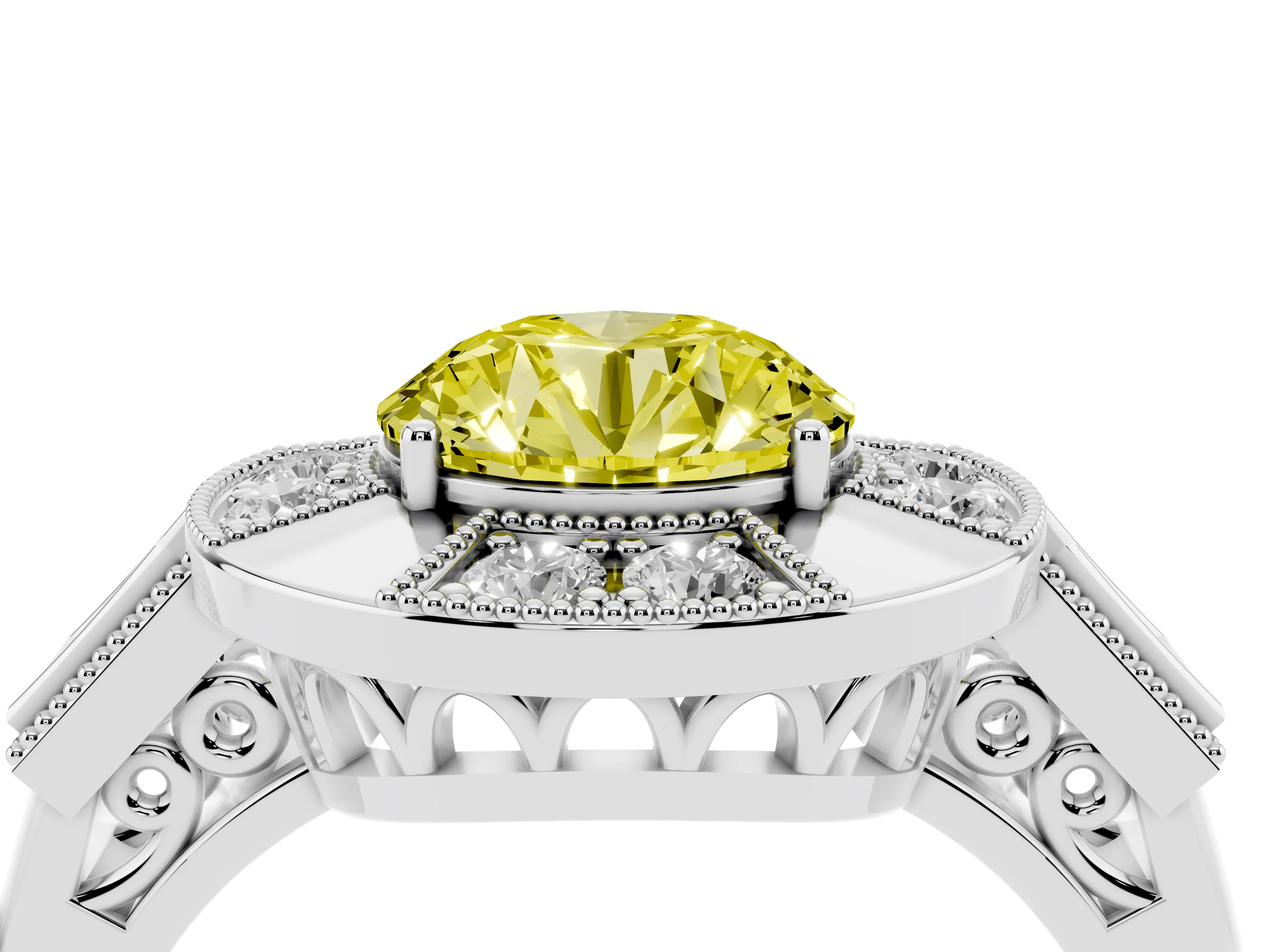 Fancy Yellow Round Cut Diamond Milgrain Halo Ring Set in Platinum with Split Shank