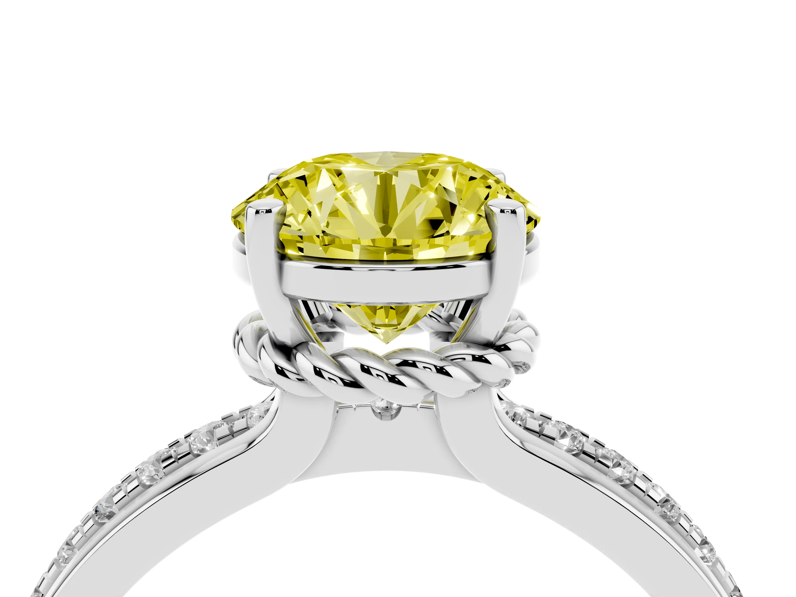 Fancy Yellow Round Cut Diamond Solitaire Ring Set in Silver with Channel Set Band and Prong Setting