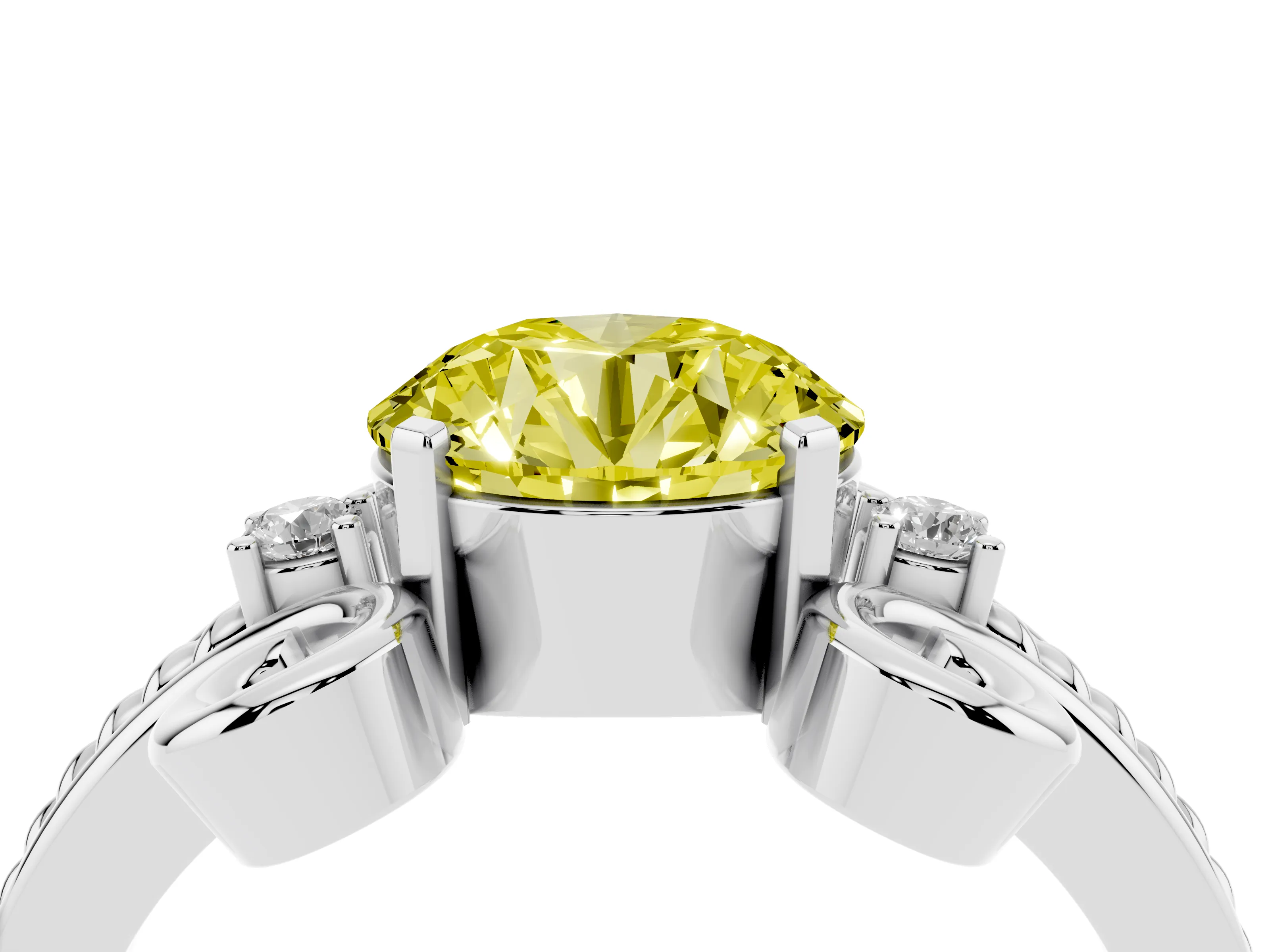 Fancy Yellow Round Cut Diamond Twisted Band Solitaire Ring Set in Platinum with Scroll Prongs