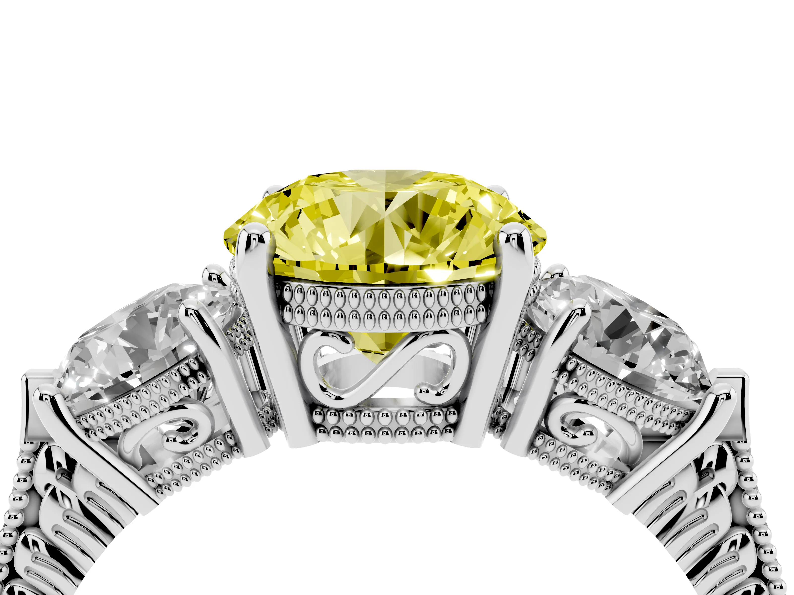 Fancy Yellow Round Cut Diamond Three-Stone Ring Set in Silver with Milgrain Band