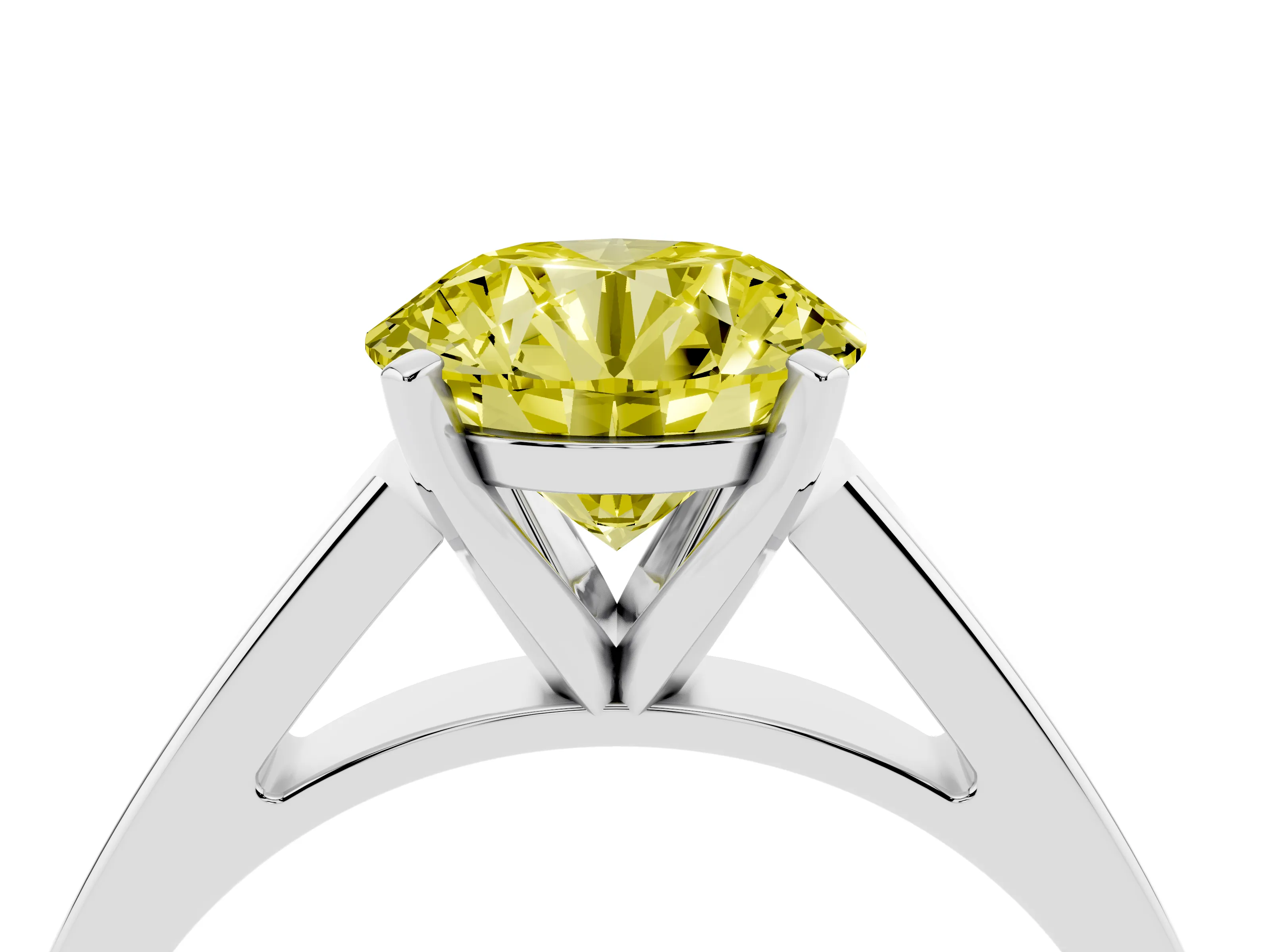 Fancy Yellow Round Cut Diamond Solitaire Engagement Ring Set in White gold with Prong Setting and Tapered Band