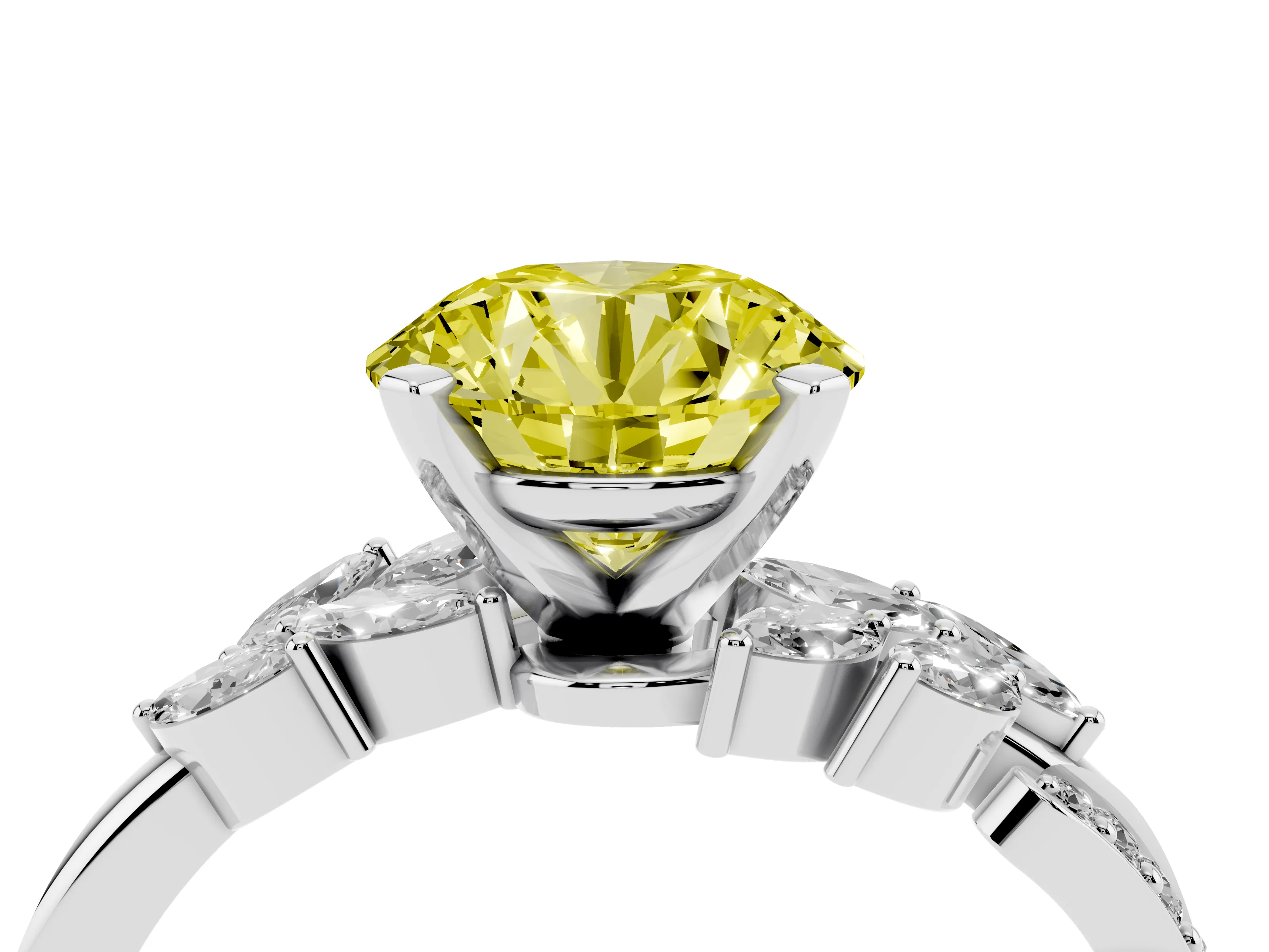 Fancy Yellow Round Cut Diamond Solitaire Ring Set in Silver with Marquise Twist Band and Prong Setting